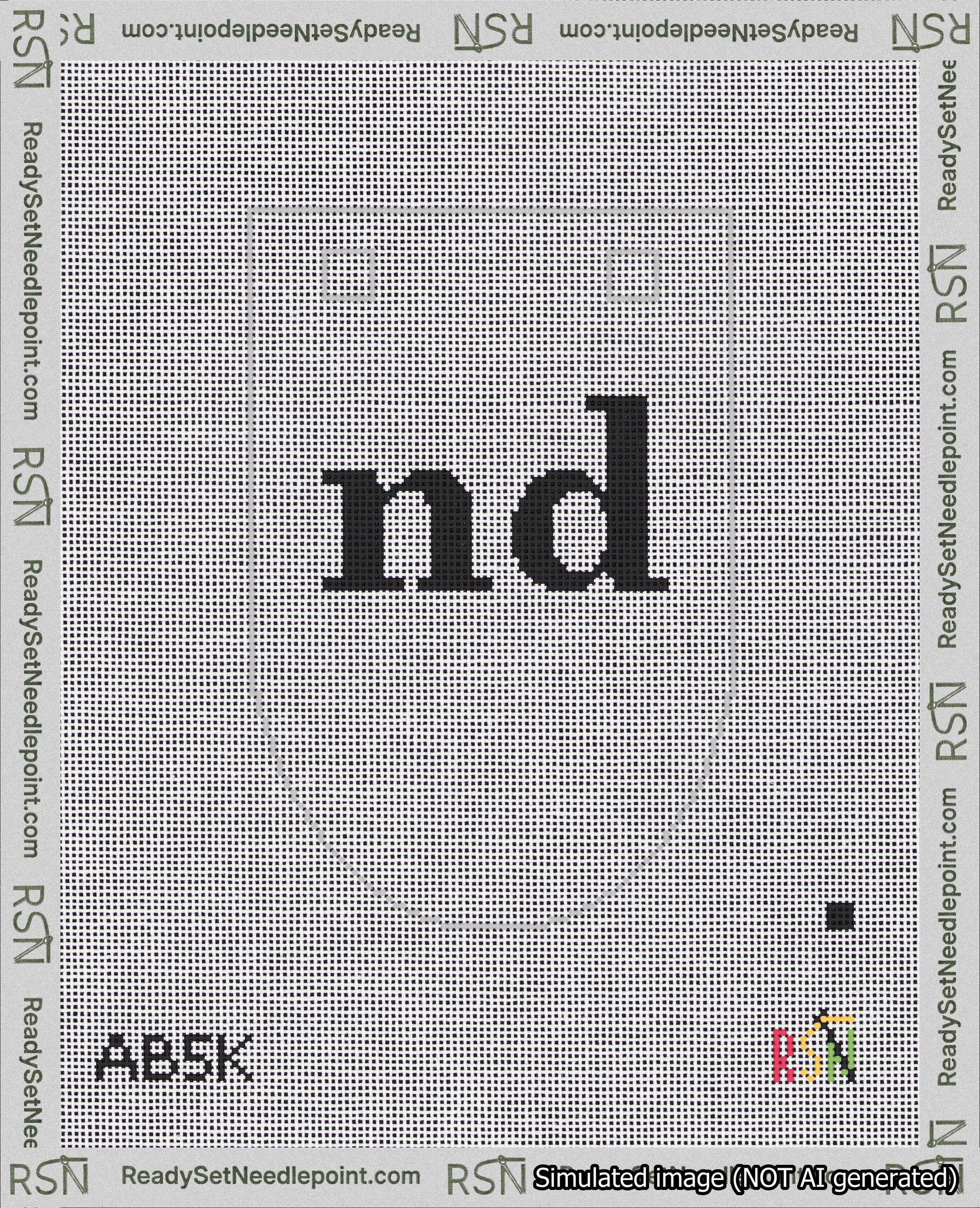 A taped needlepoint canvas with the design: Banner 18 mesh count Rounded nd Black on White.
