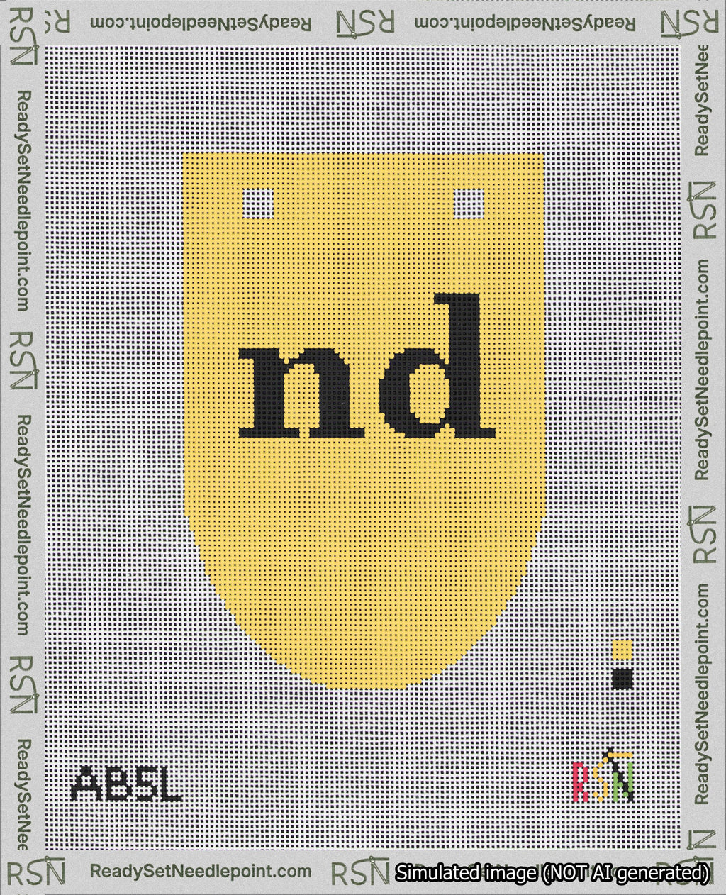 A taped needlepoint canvas with the design: Banner 18 mesh count Rounded nd Black on Yellow.