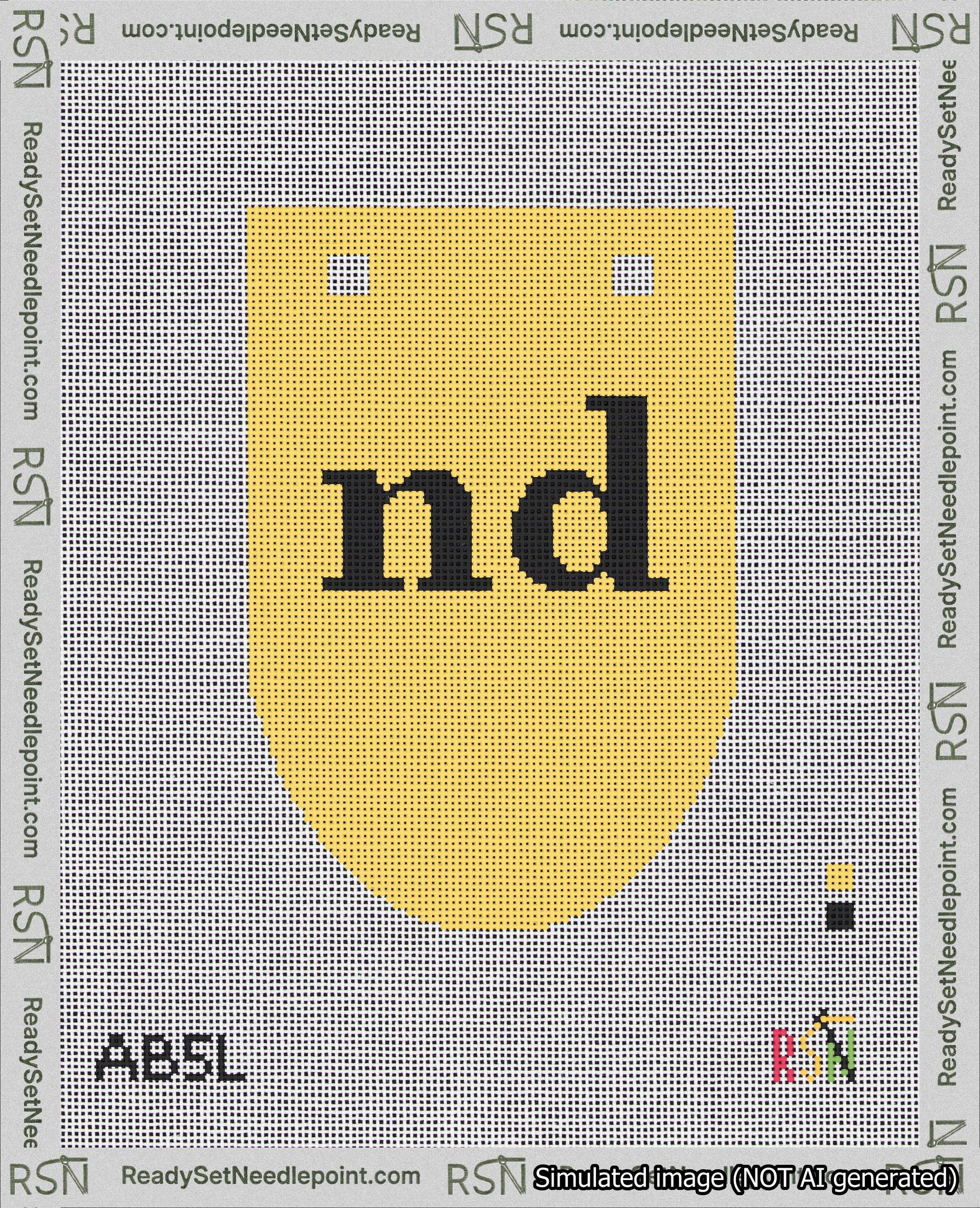 A taped needlepoint canvas with the design: Banner 18 mesh count Rounded nd Black on Yellow.
