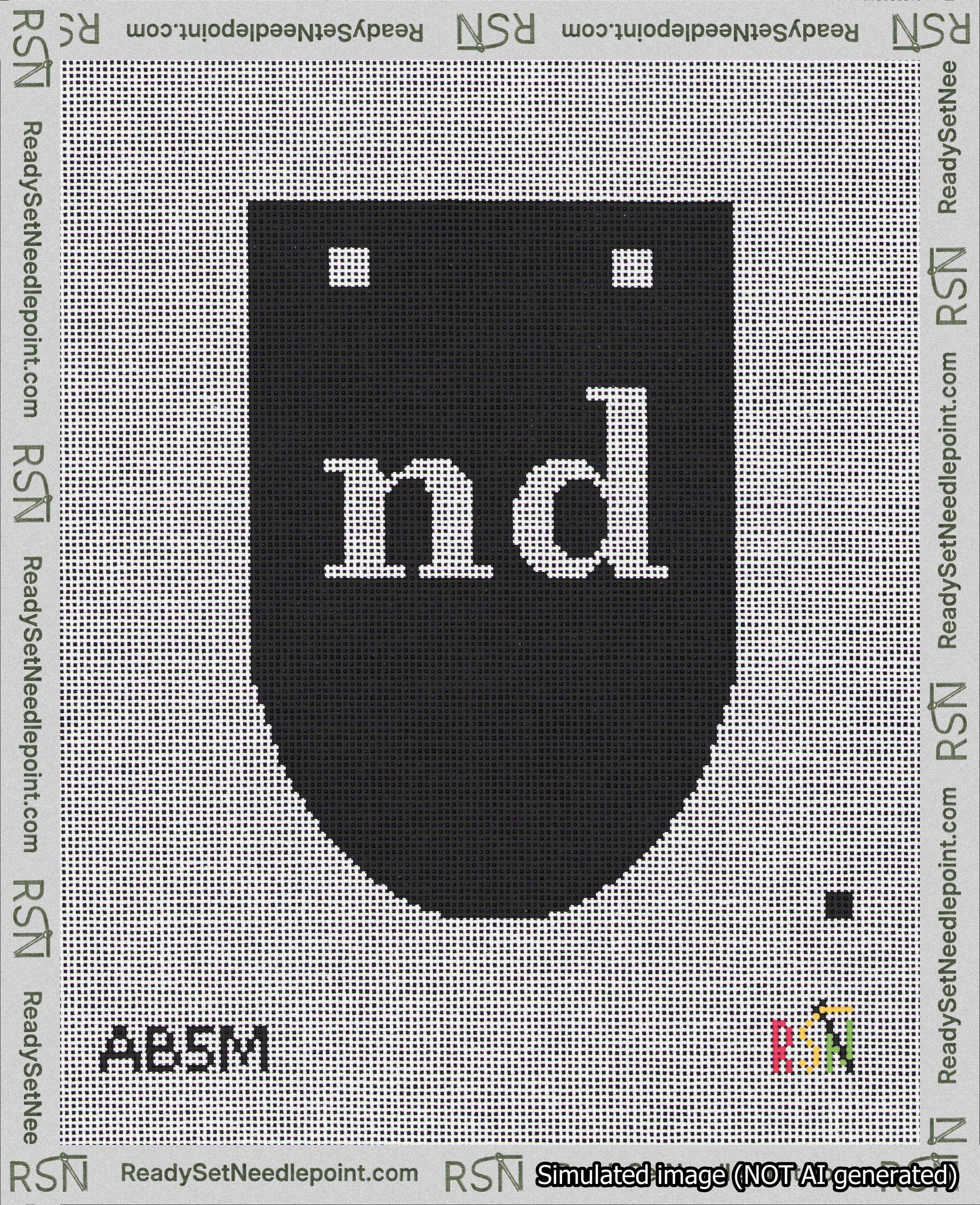 A taped needlepoint canvas with the design: Banner 18 mesh count Rounded nd White on Black.