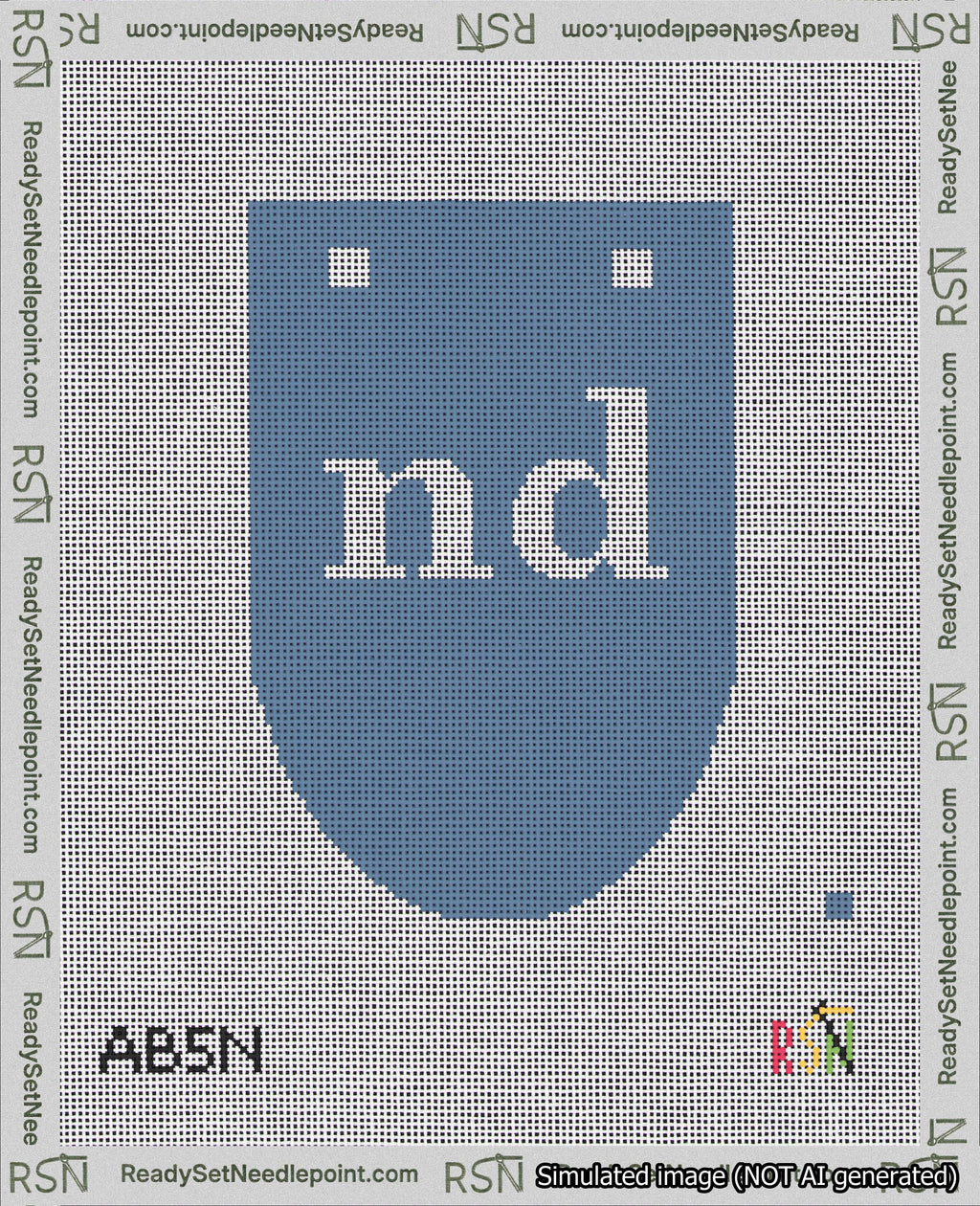 A taped needlepoint canvas with the design: Banner 18 mesh count Rounded nd White on Blue.