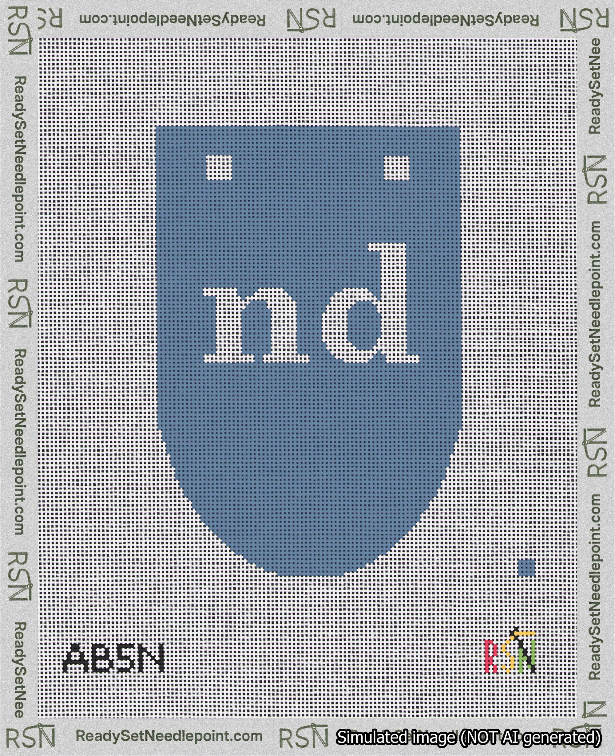 A taped needlepoint canvas with the design: Banner 18 mesh count Rounded nd White on Blue.