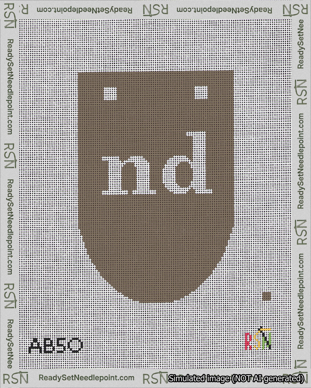 A taped needlepoint canvas with the design: Banner 18 mesh count Rounded nd White on Brown.