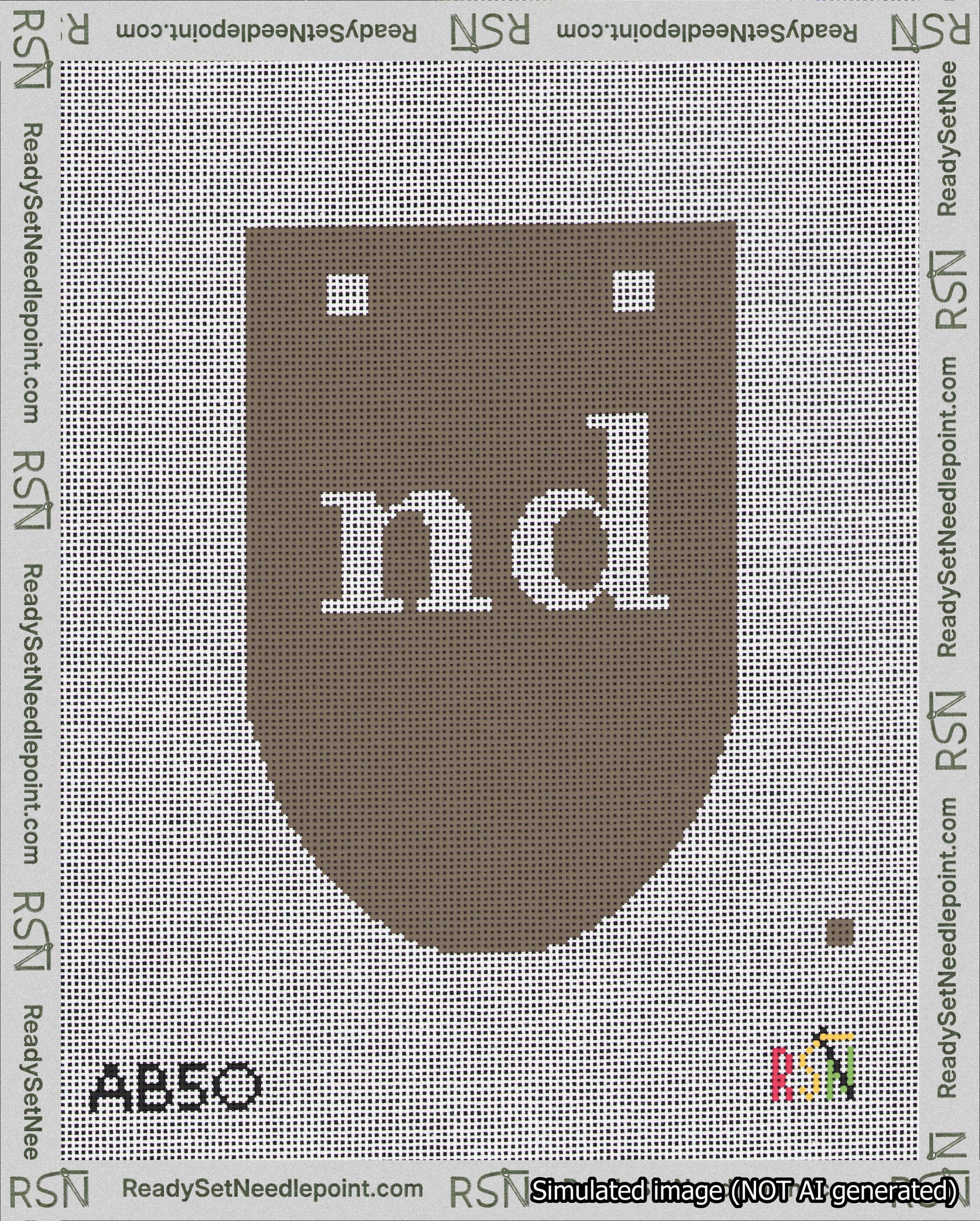A taped needlepoint canvas with the design: Banner 18 mesh count Rounded nd White on Brown.