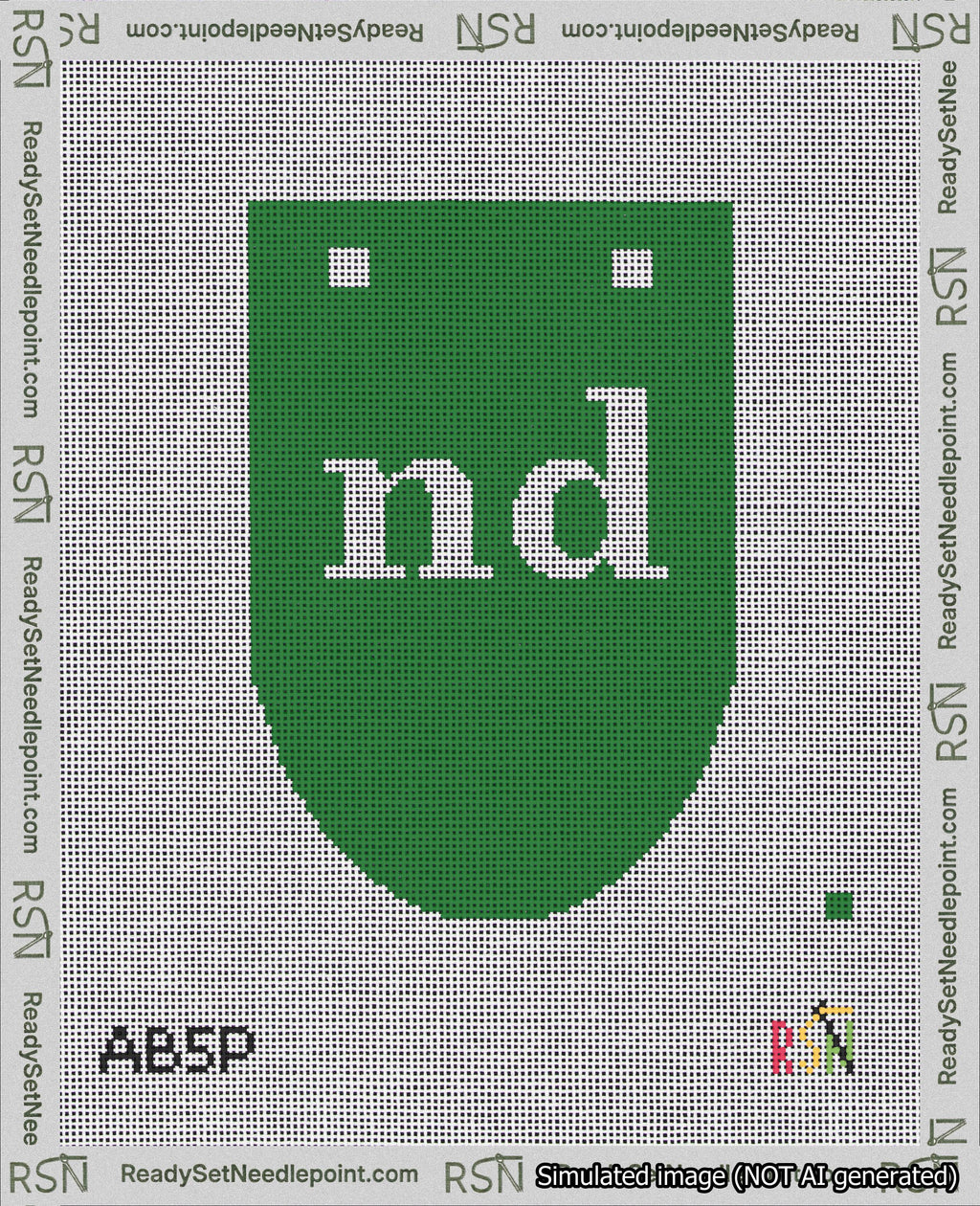 A taped needlepoint canvas with the design: Banner 18 mesh count Rounded nd White on Green.