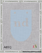 A taped needlepoint canvas with the design: Banner 18 mesh count Rounded nd White on Light Blue.