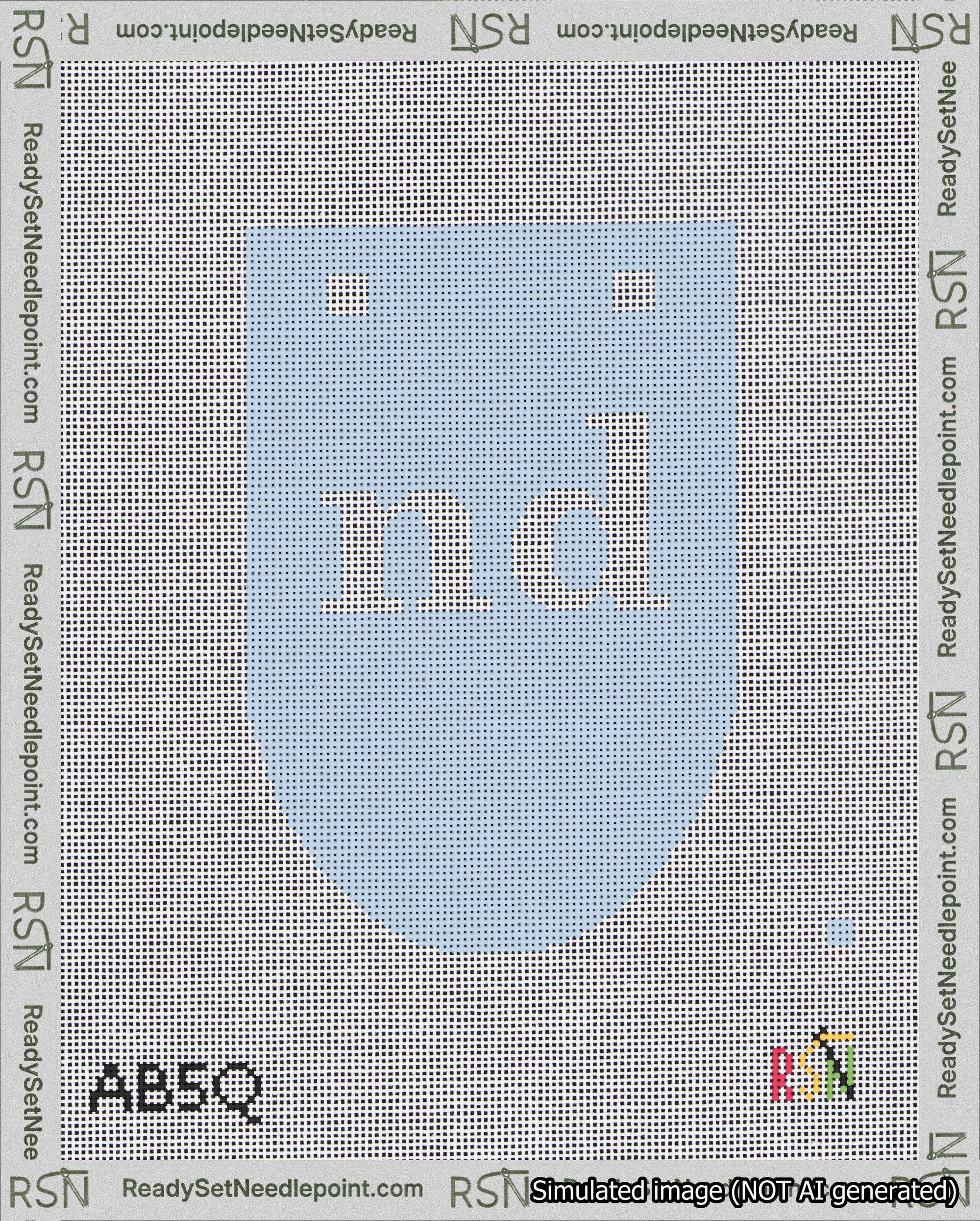 A taped needlepoint canvas with the design: Banner 18 mesh count Rounded nd White on Light Blue.