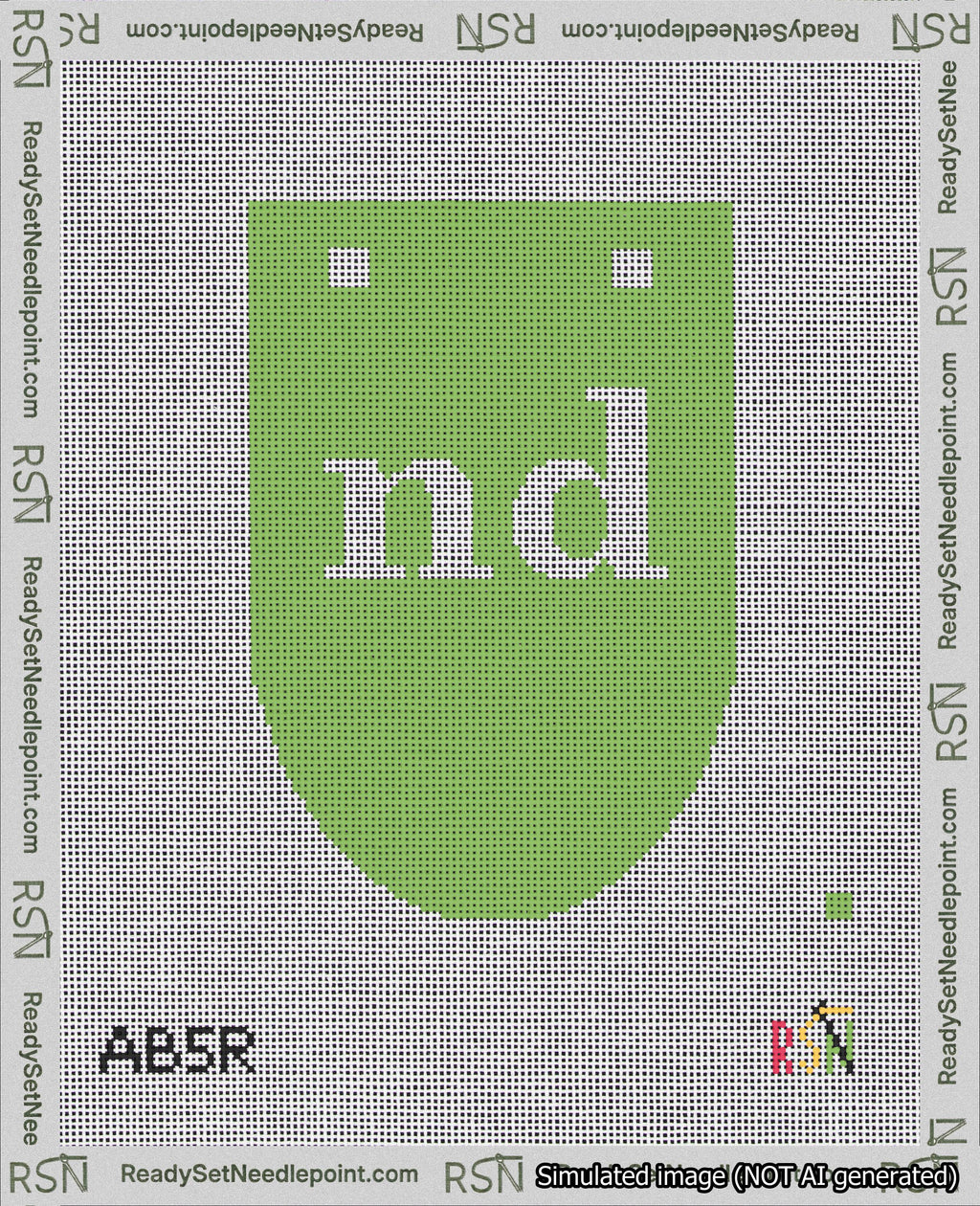 A taped needlepoint canvas with the design: Banner 18 mesh count Rounded nd White on Light Green.
