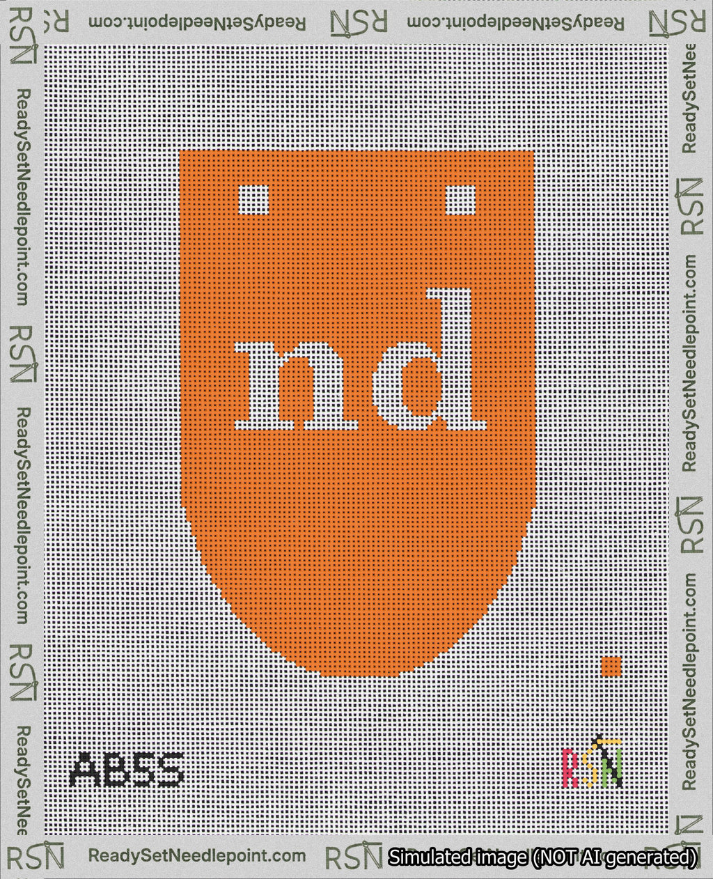 A taped needlepoint canvas with the design: Banner 18 mesh count Rounded nd White on Orange.
