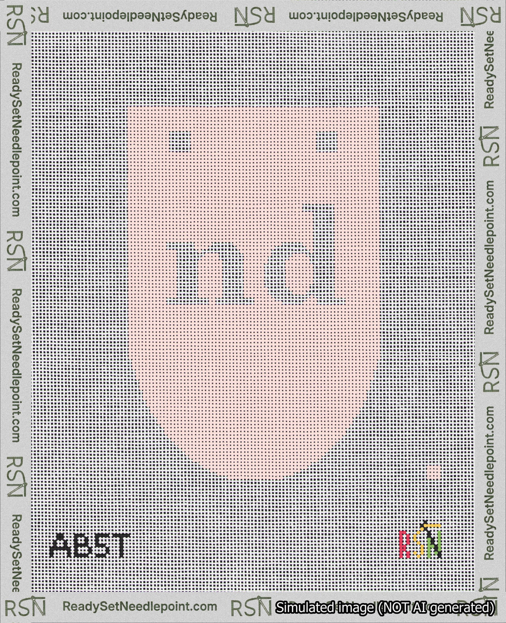 A taped needlepoint canvas with the design: Banner 18 mesh count Rounded nd White on Pink.