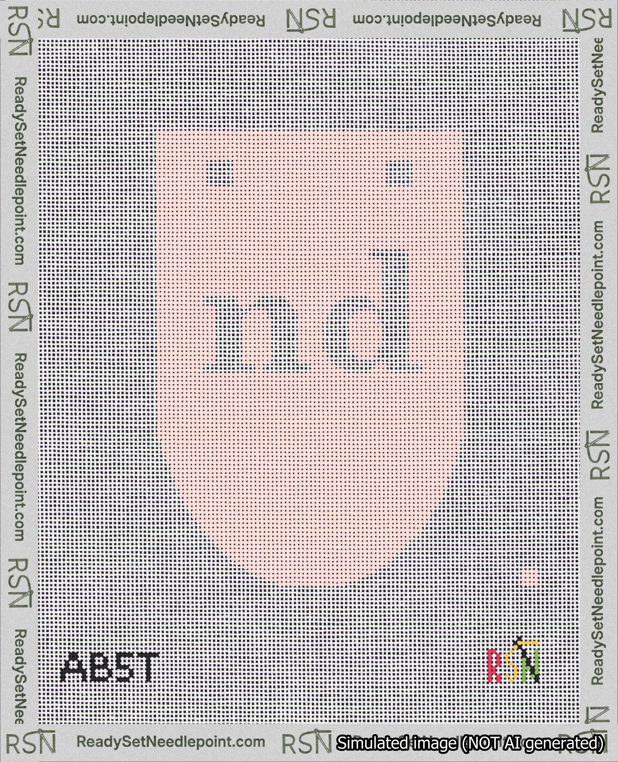 A taped needlepoint canvas with the design: Banner 18 mesh count Rounded nd White on Pink.
