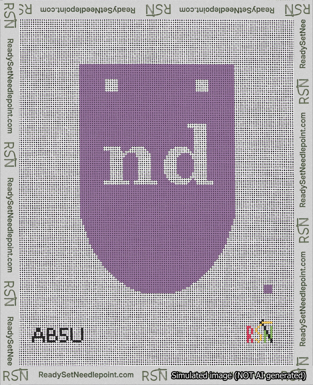 A taped needlepoint canvas with the design: Banner 18 mesh count Rounded nd White on Purple.