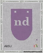 A taped needlepoint canvas with the design: Banner 18 mesh count Rounded nd White on Purple.