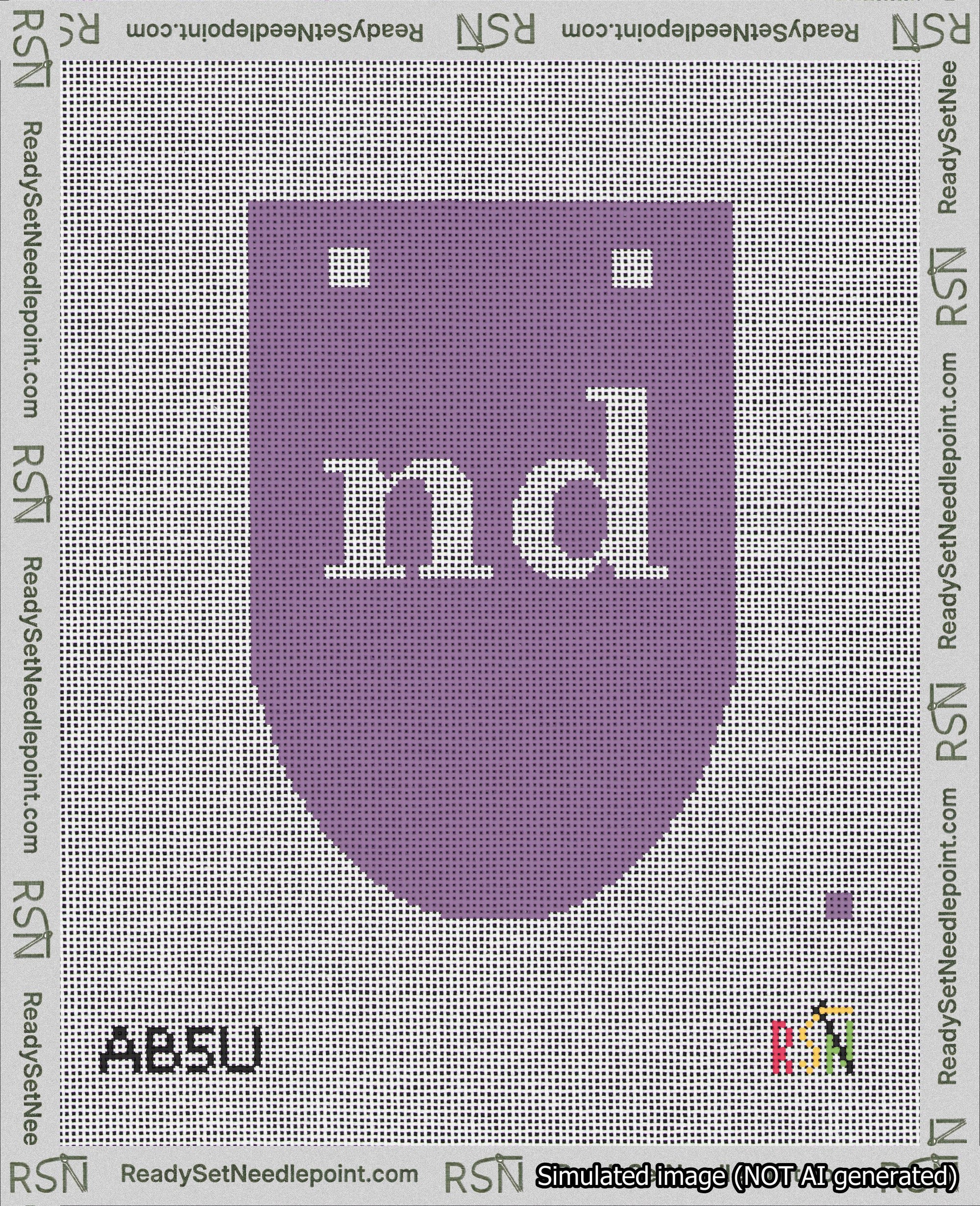 A taped needlepoint canvas with the design: Banner 18 mesh count Rounded nd White on Purple.