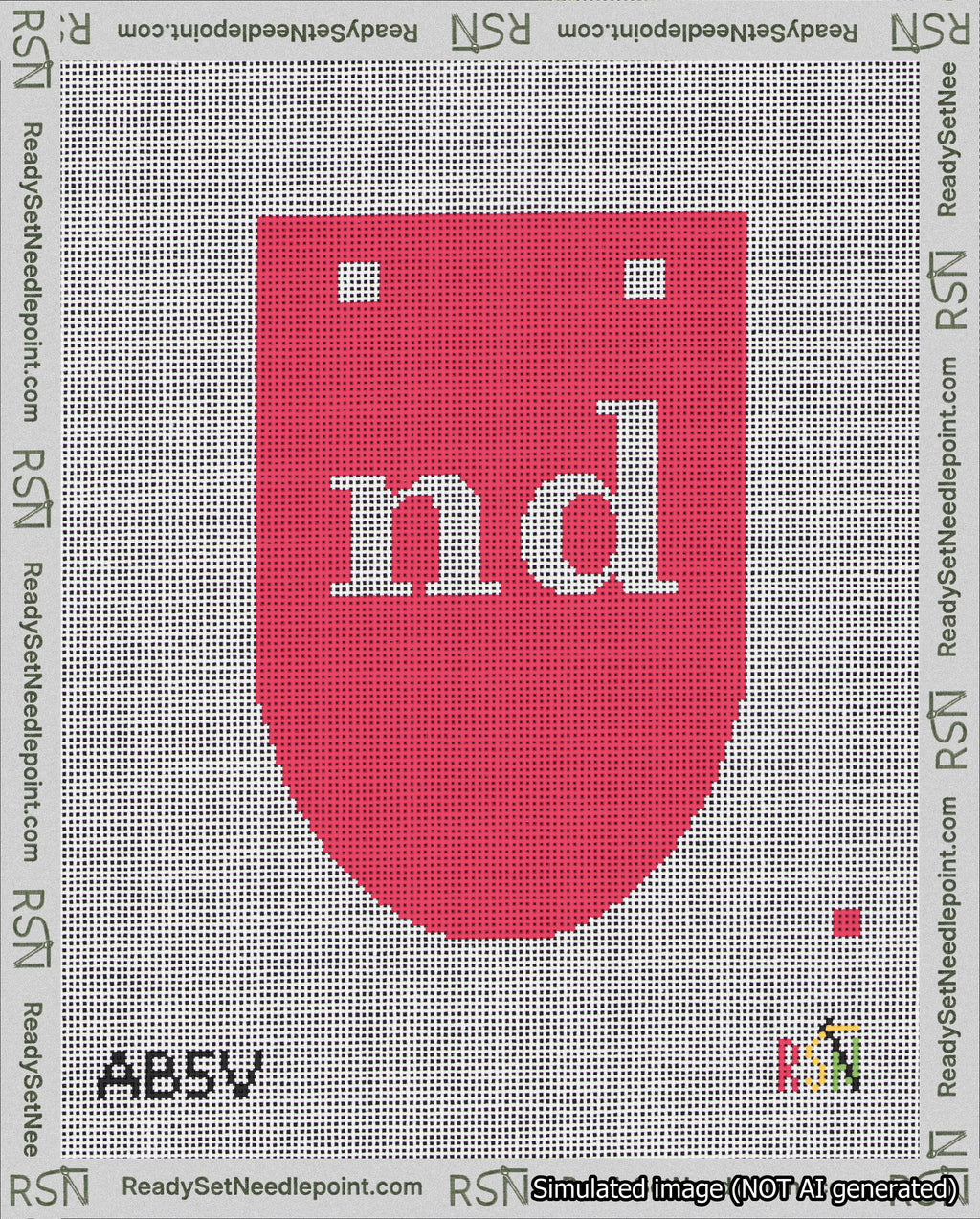 A taped needlepoint canvas with the design: Banner 18 mesh count Rounded nd White on Red.