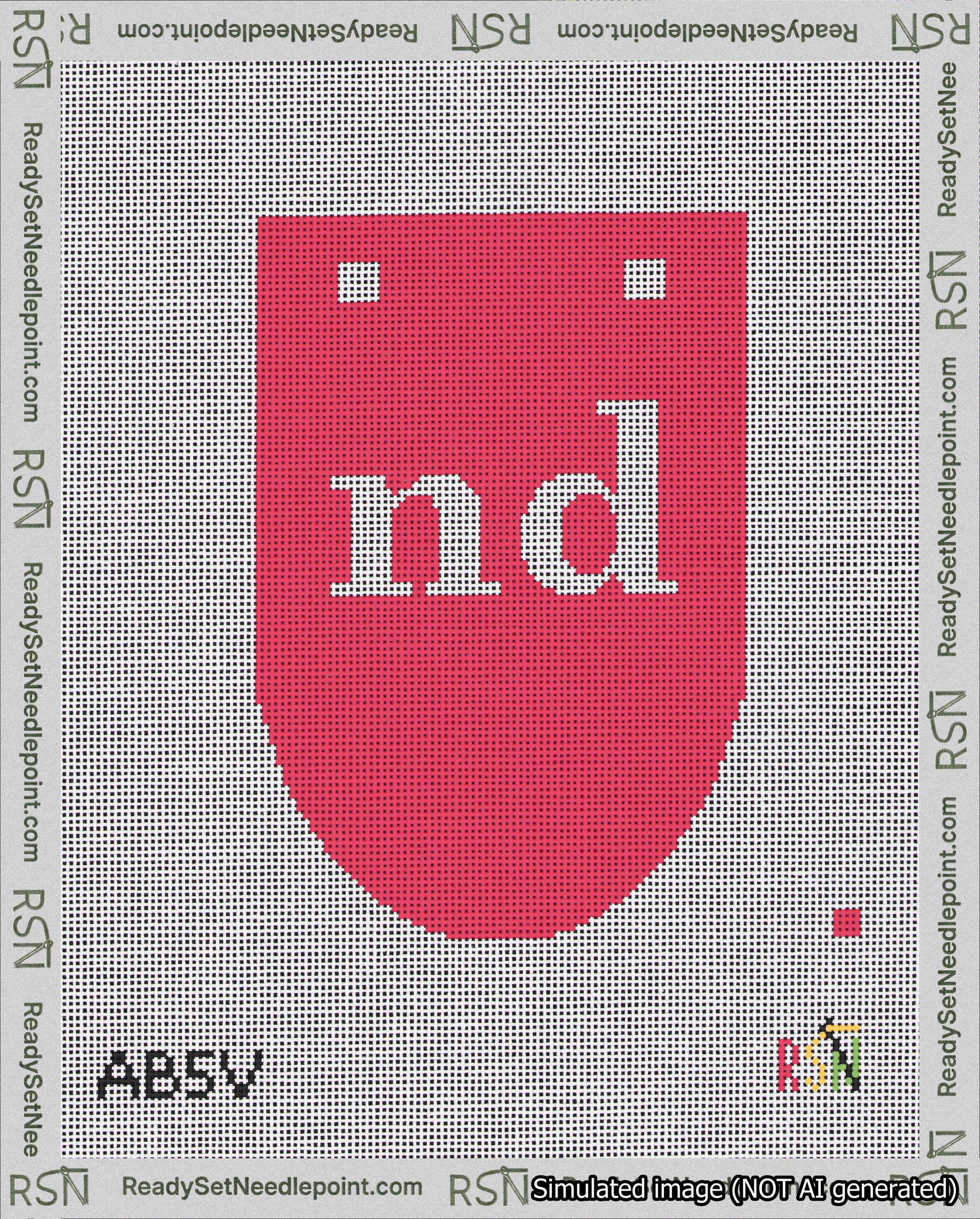 A taped needlepoint canvas with the design: Banner 18 mesh count Rounded nd White on Red.
