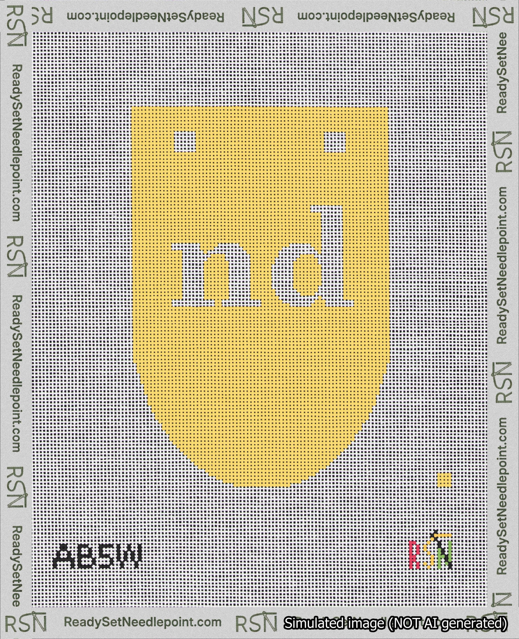 A taped needlepoint canvas with the design: Banner 18 mesh count Rounded nd White on Yellow.