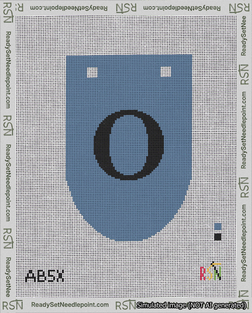 A taped needlepoint canvas with the design: Banner 18 mesh count Rounded O Black on Blue.