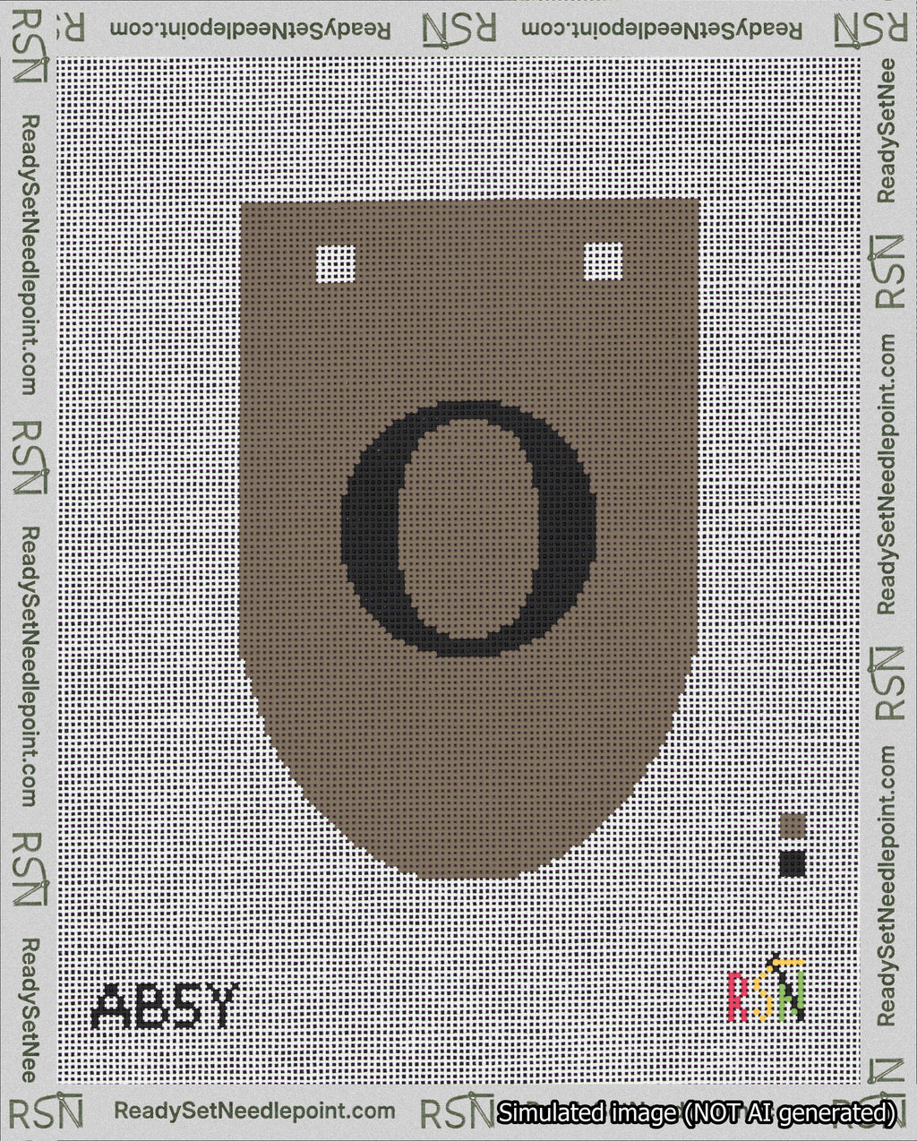 A taped needlepoint canvas with the design: Banner 18 mesh count Rounded O Black on Brown.