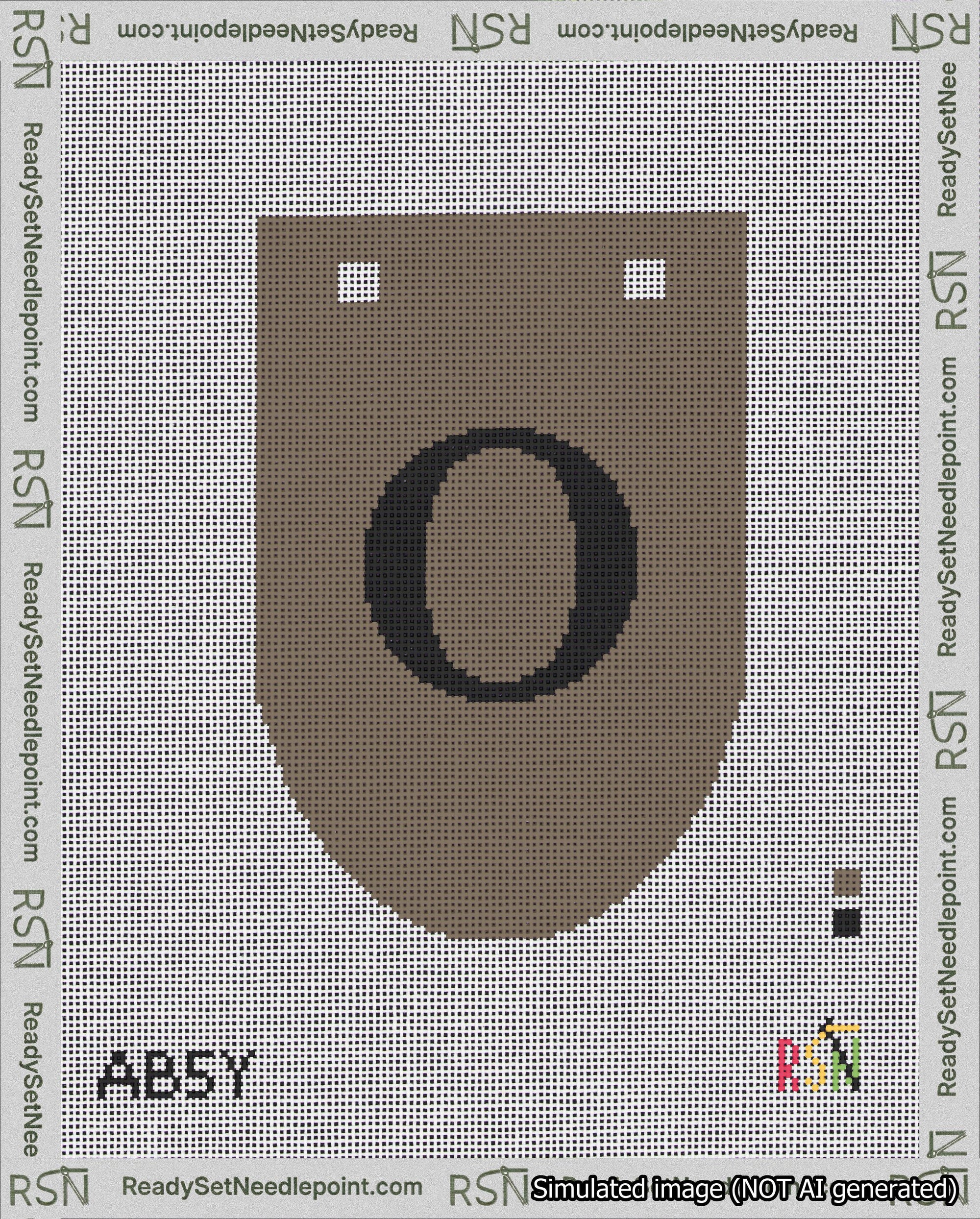 A taped needlepoint canvas with the design: Banner 18 mesh count Rounded O Black on Brown.