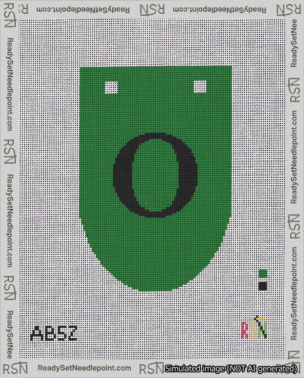 A taped needlepoint canvas with the design: Banner 18 mesh count Rounded O Black on Green.