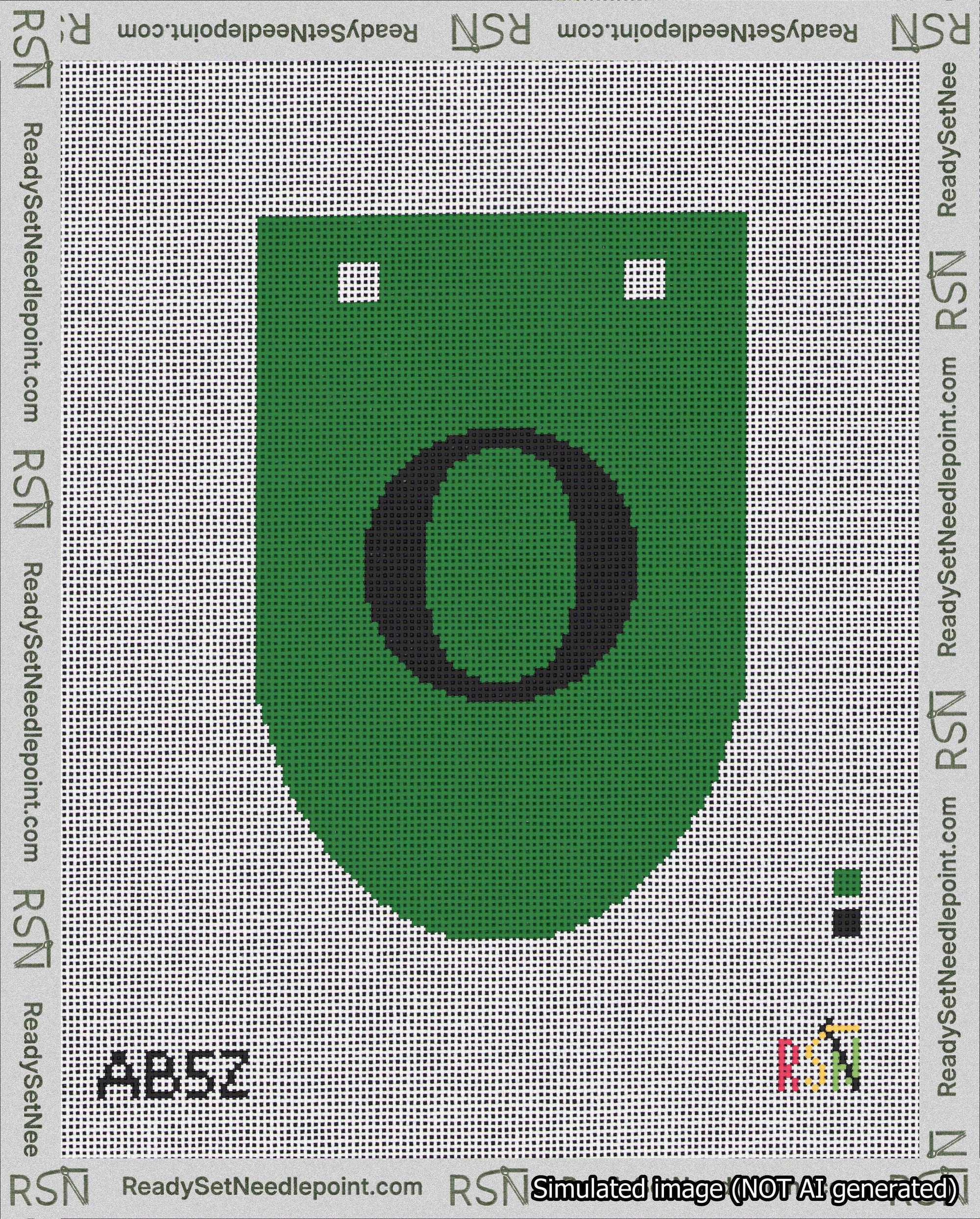 A taped needlepoint canvas with the design: Banner 18 mesh count Rounded O Black on Green.