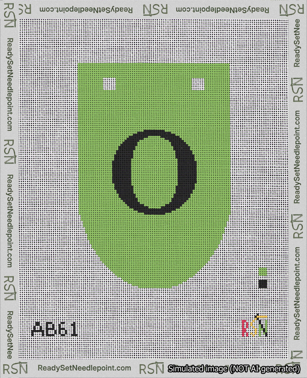 A taped needlepoint canvas with the design: Banner 18 mesh count Rounded O Black on Light Green.