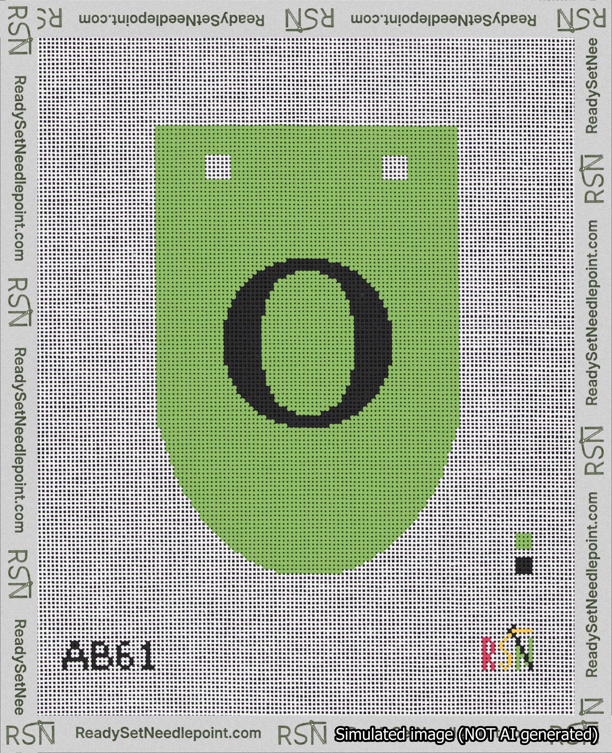 A taped needlepoint canvas with the design: Banner 18 mesh count Rounded O Black on Light Green.