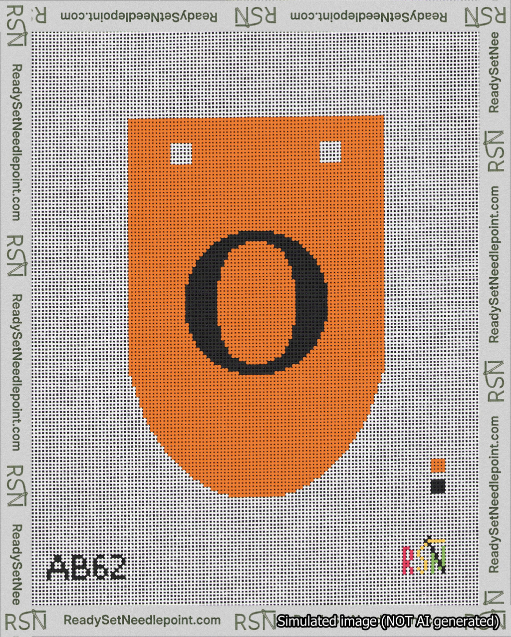 A taped needlepoint canvas with the design: Banner 18 mesh count Rounded O Black on Orange.