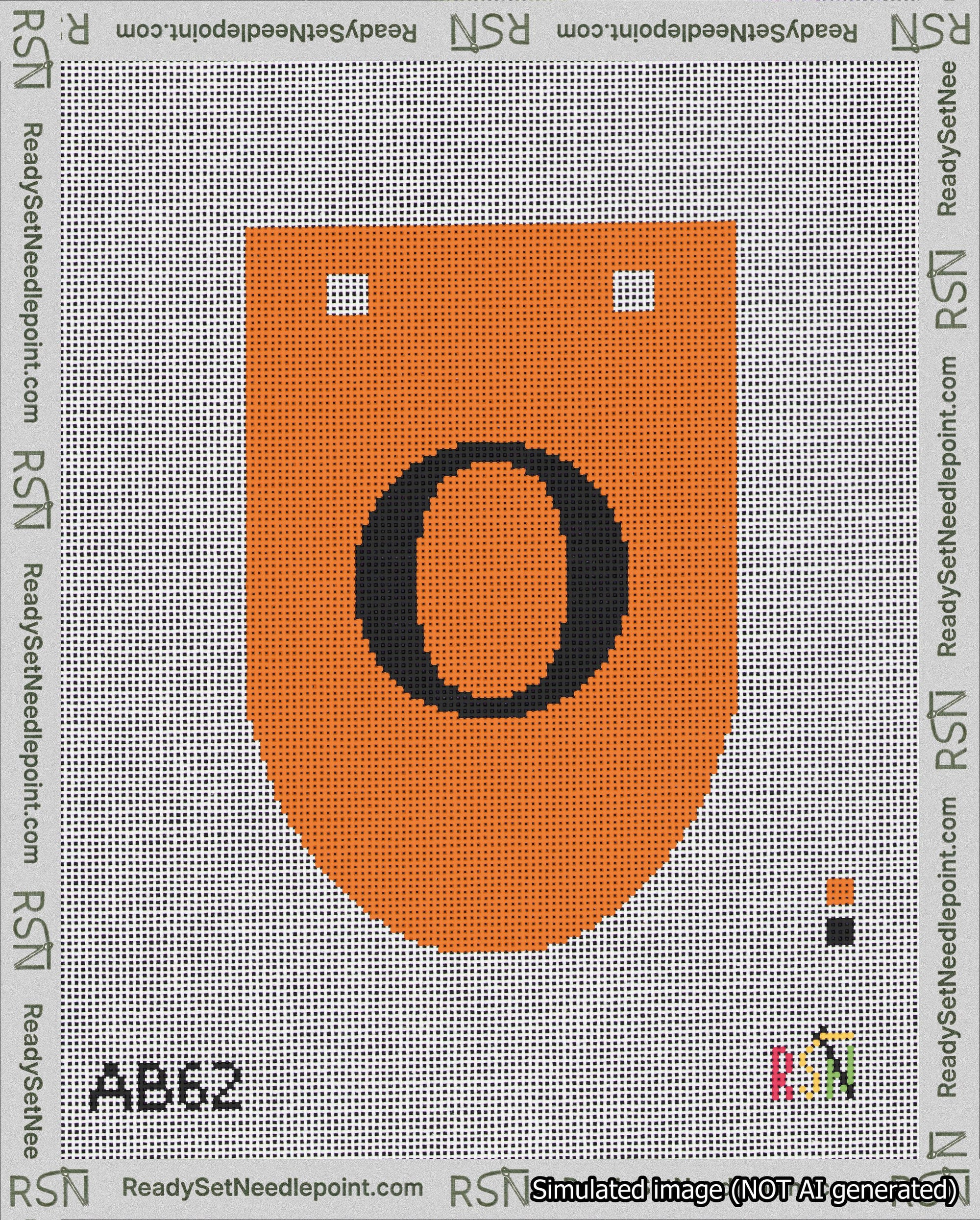 A taped needlepoint canvas with the design: Banner 18 mesh count Rounded O Black on Orange.