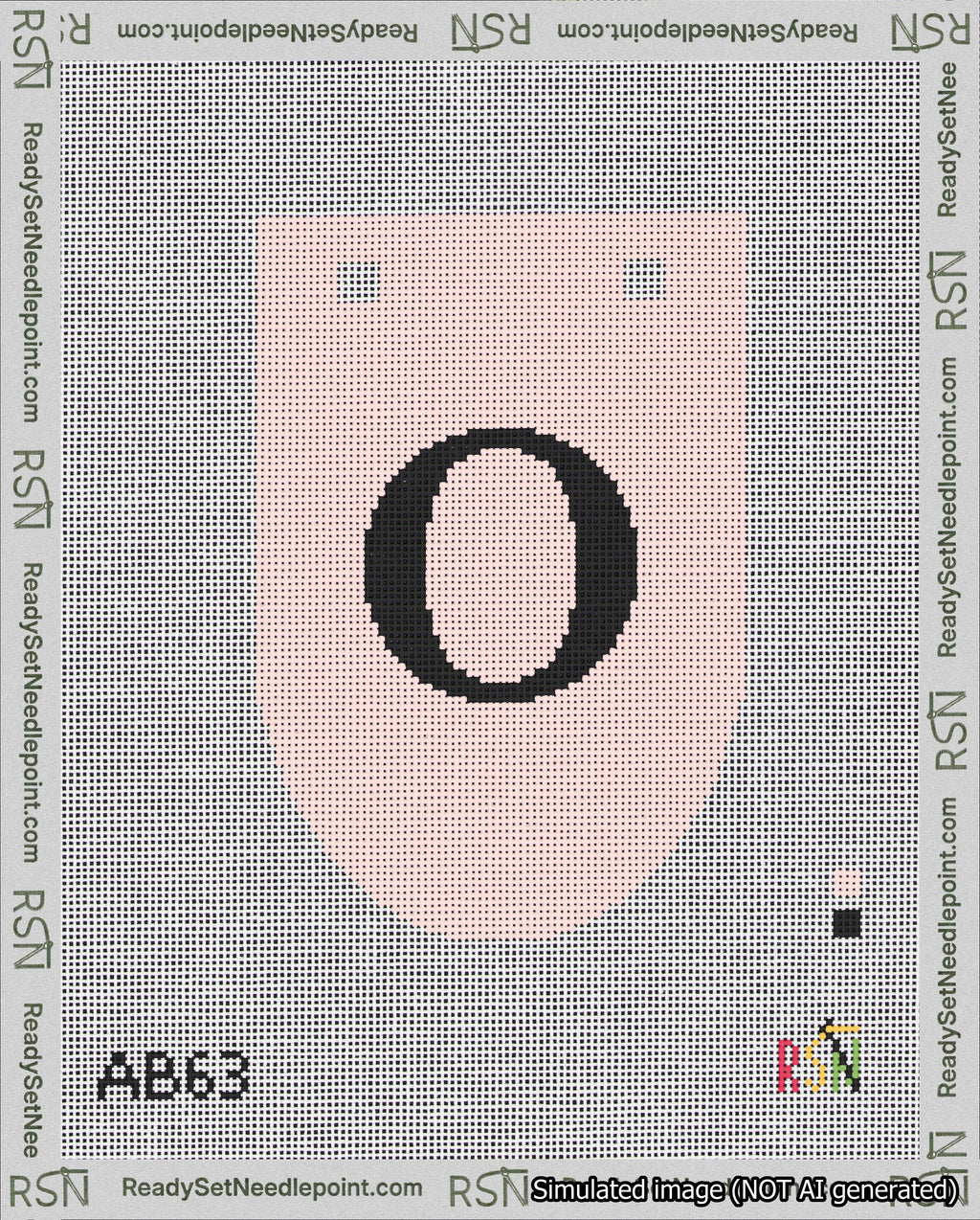 A taped needlepoint canvas with the design: Banner 18 mesh count Rounded O Black on Pink.