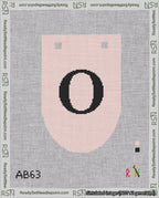 A taped needlepoint canvas with the design: Banner 18 mesh count Rounded O Black on Pink.
