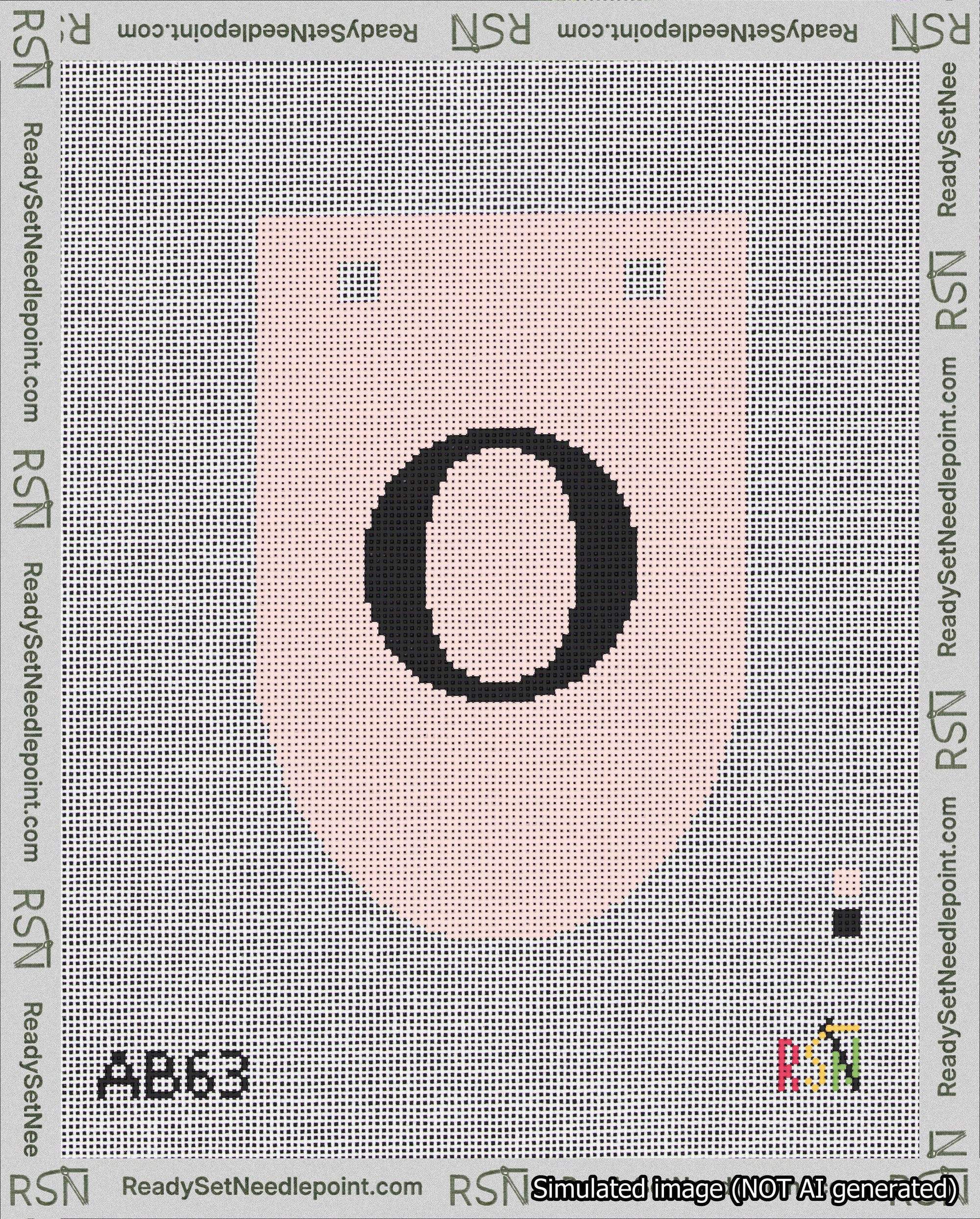 A taped needlepoint canvas with the design: Banner 18 mesh count Rounded O Black on Pink.