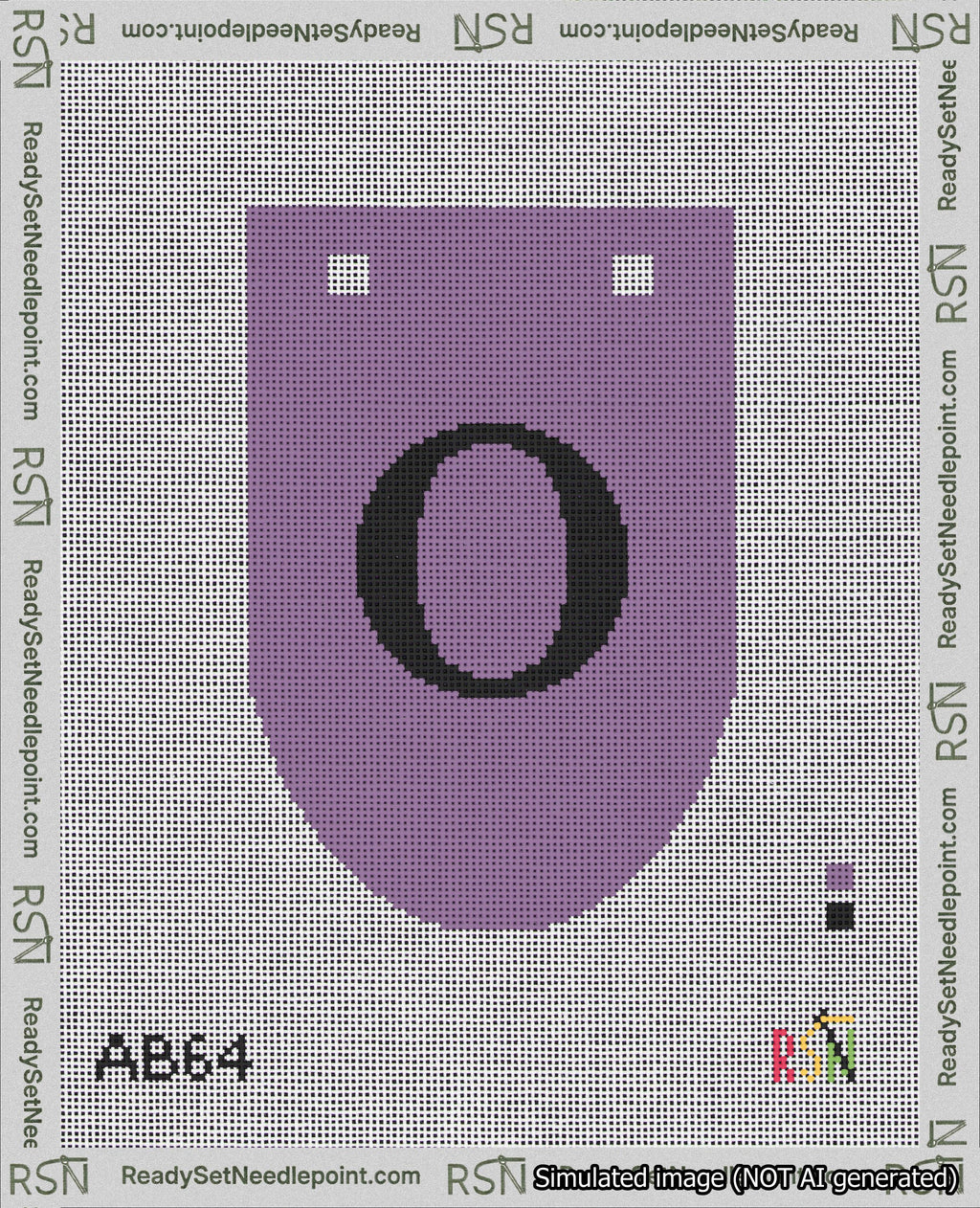 A taped needlepoint canvas with the design: Banner 18 mesh count Rounded O Black on Purple.