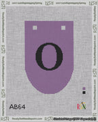 A taped needlepoint canvas with the design: Banner 18 mesh count Rounded O Black on Purple.