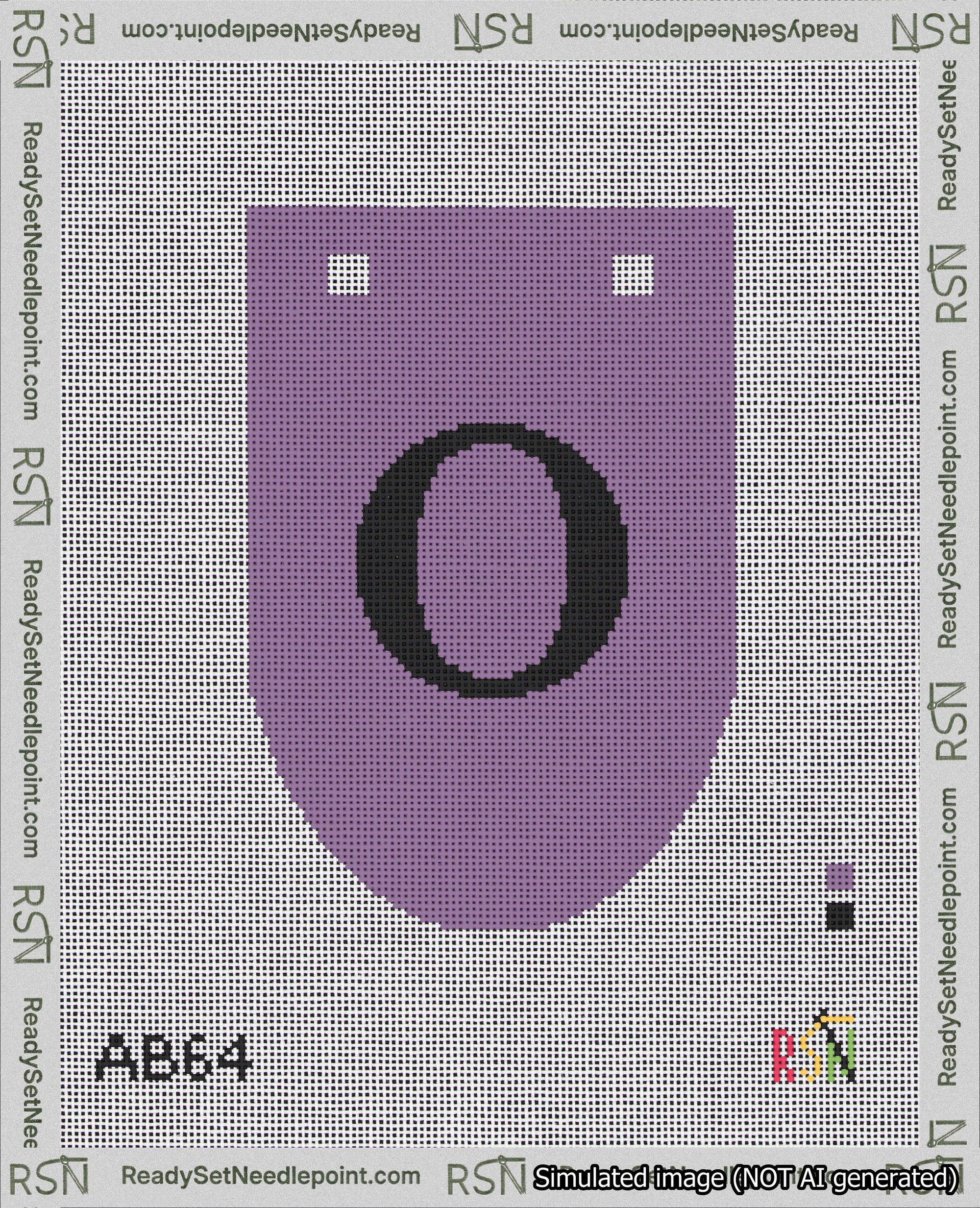 A taped needlepoint canvas with the design: Banner 18 mesh count Rounded O Black on Purple.