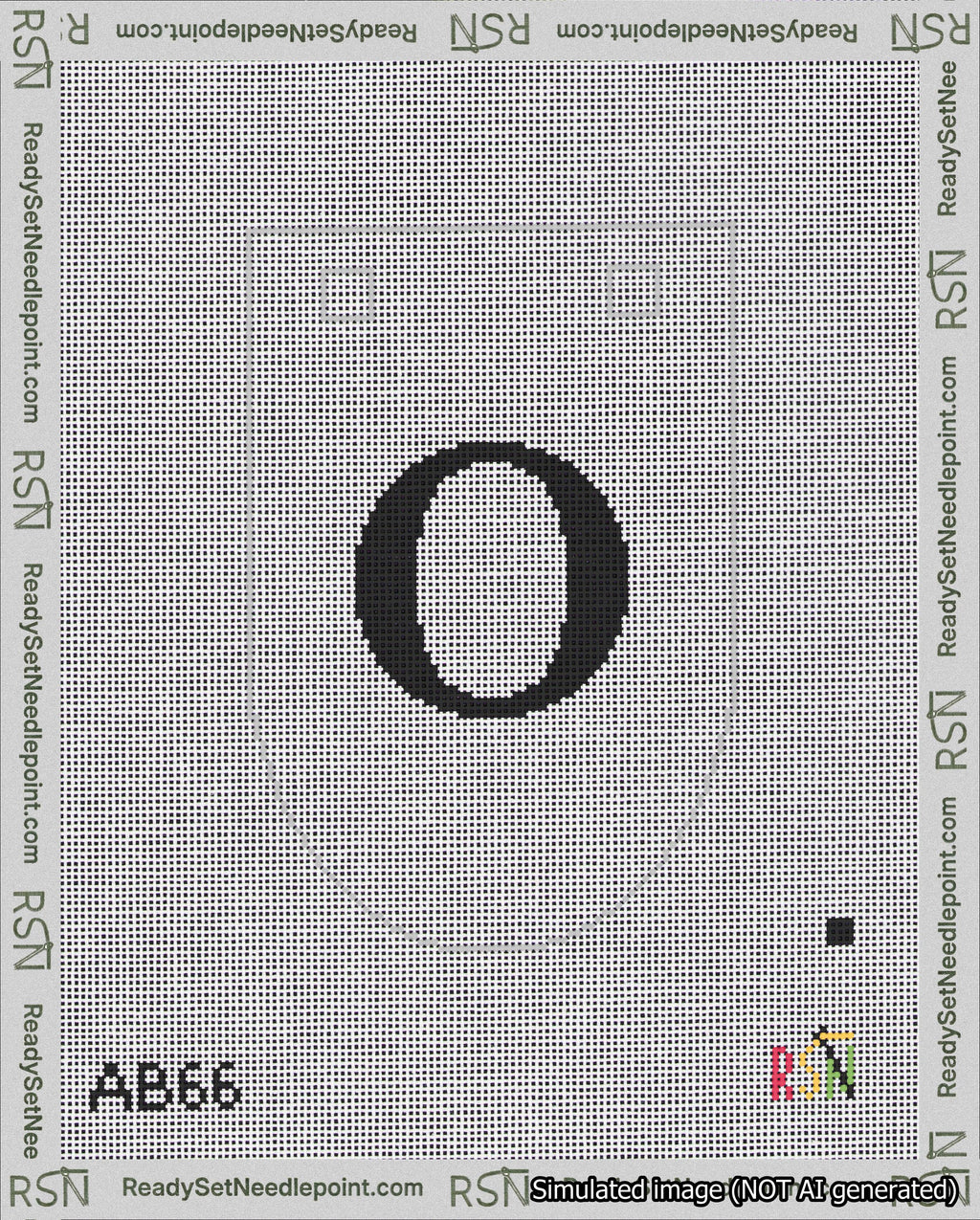 A taped needlepoint canvas with the design: Banner 18 mesh count Rounded O Black on White.