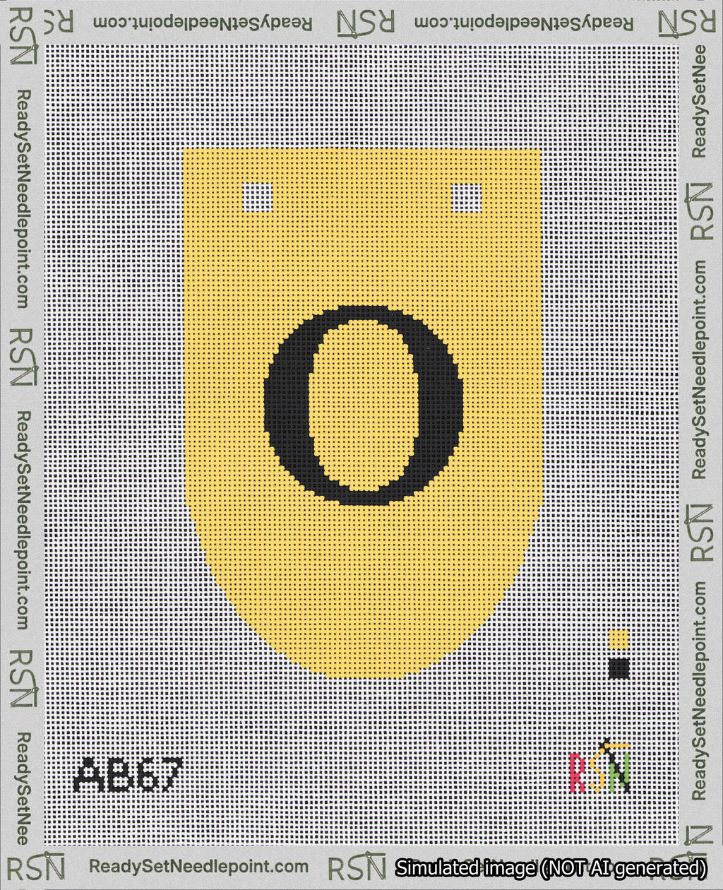 A taped needlepoint canvas with the design: Banner 18 mesh count Rounded O Black on Yellow.