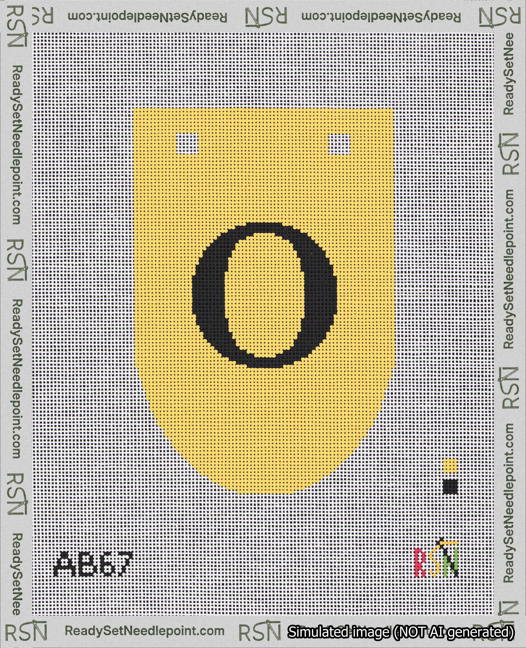 A taped needlepoint canvas with the design: Banner 18 mesh count Rounded O Black on Yellow.