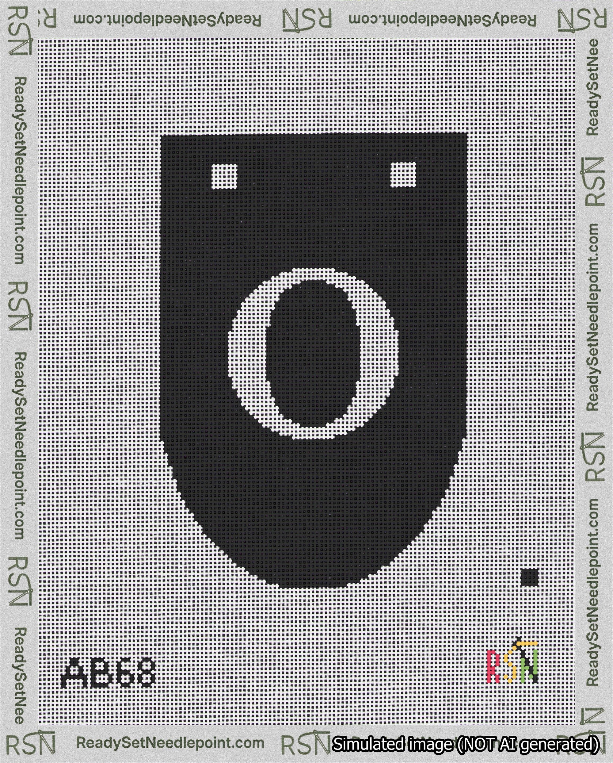 A taped needlepoint canvas with the design: Banner 18 mesh count Rounded O White on Black.