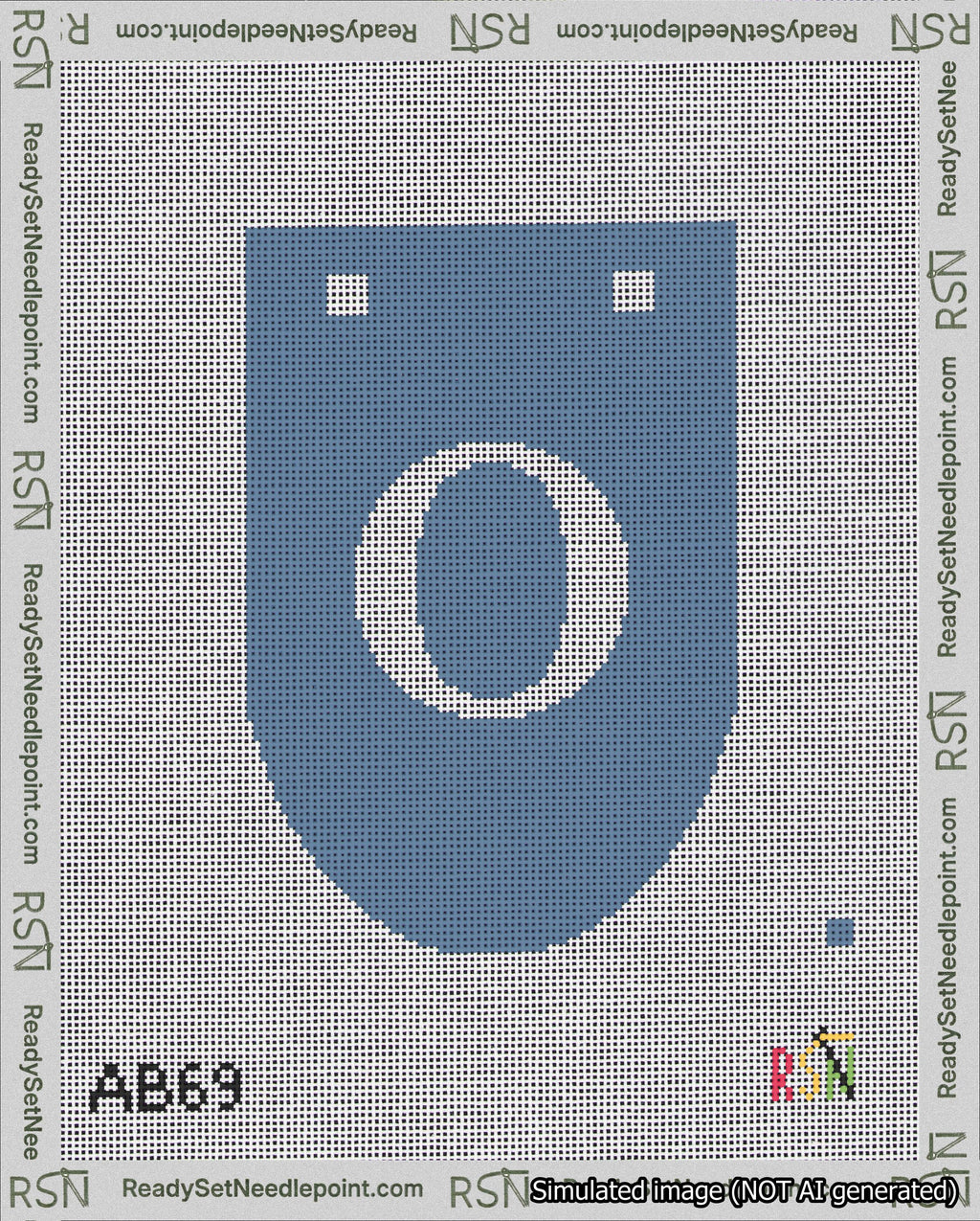 A taped needlepoint canvas with the design: Banner 18 mesh count Rounded O White on Blue.