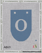 A taped needlepoint canvas with the design: Banner 18 mesh count Rounded O White on Blue.