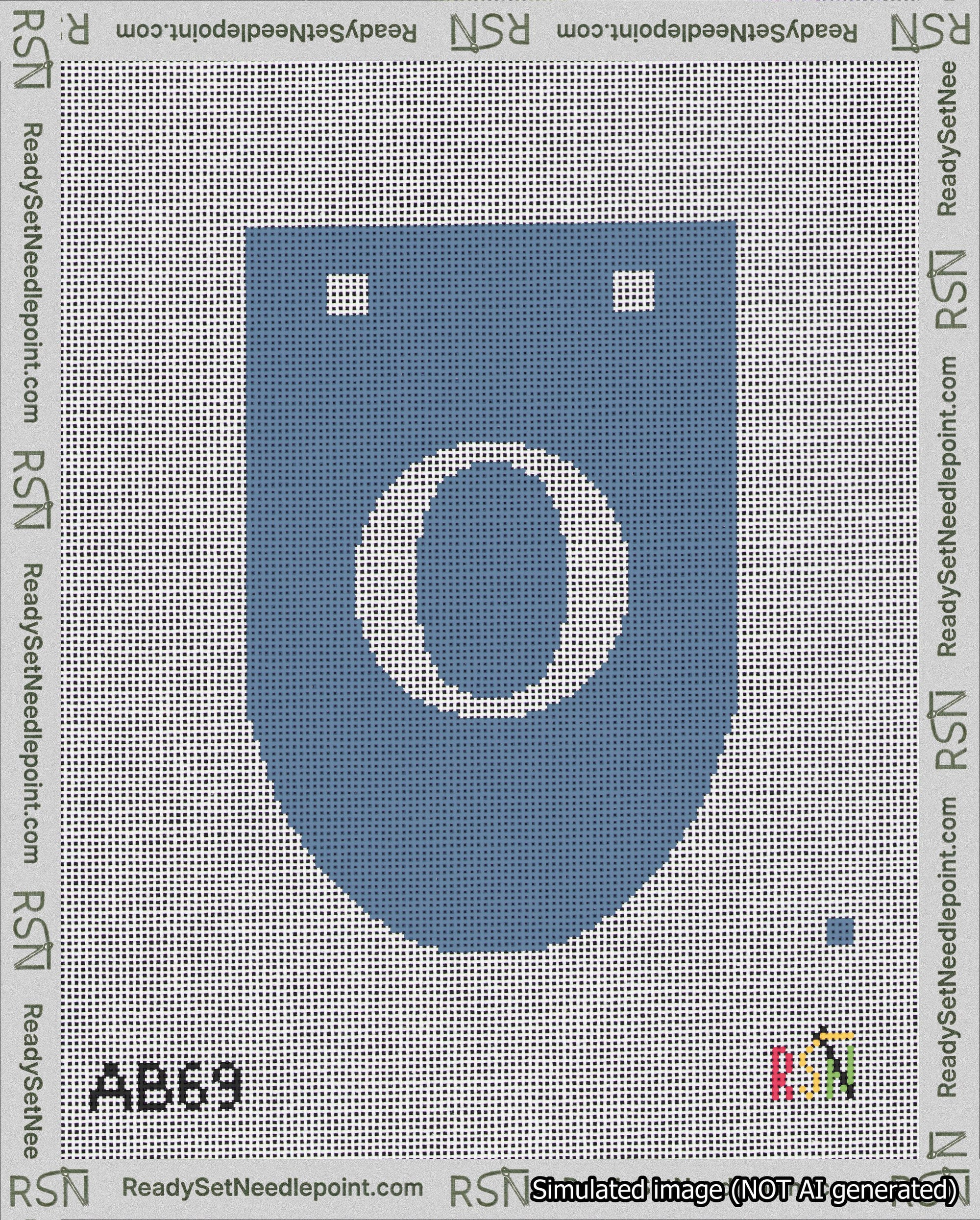 A taped needlepoint canvas with the design: Banner 18 mesh count Rounded O White on Blue.