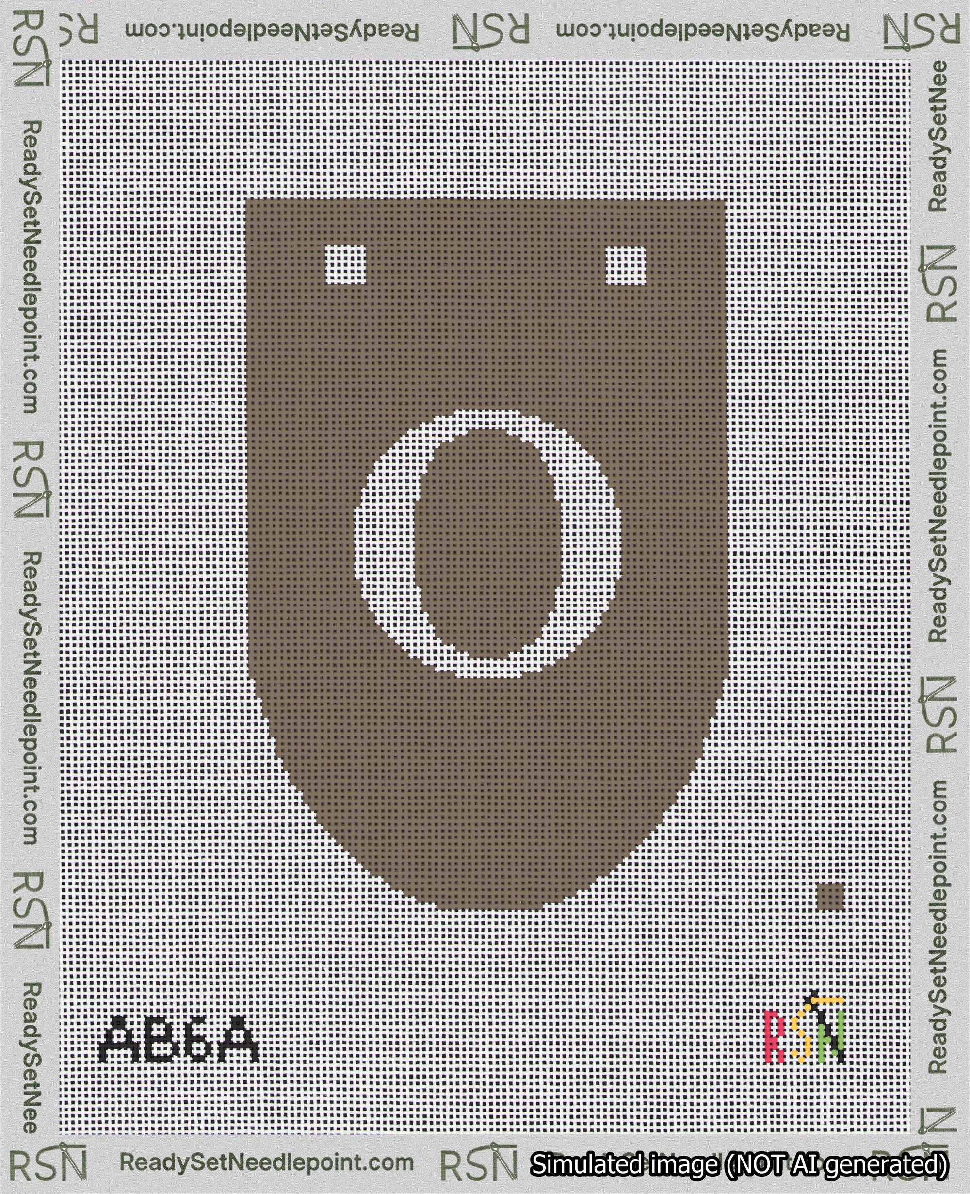 A taped needlepoint canvas with the design: Banner 18 mesh count Rounded O White on Brown.