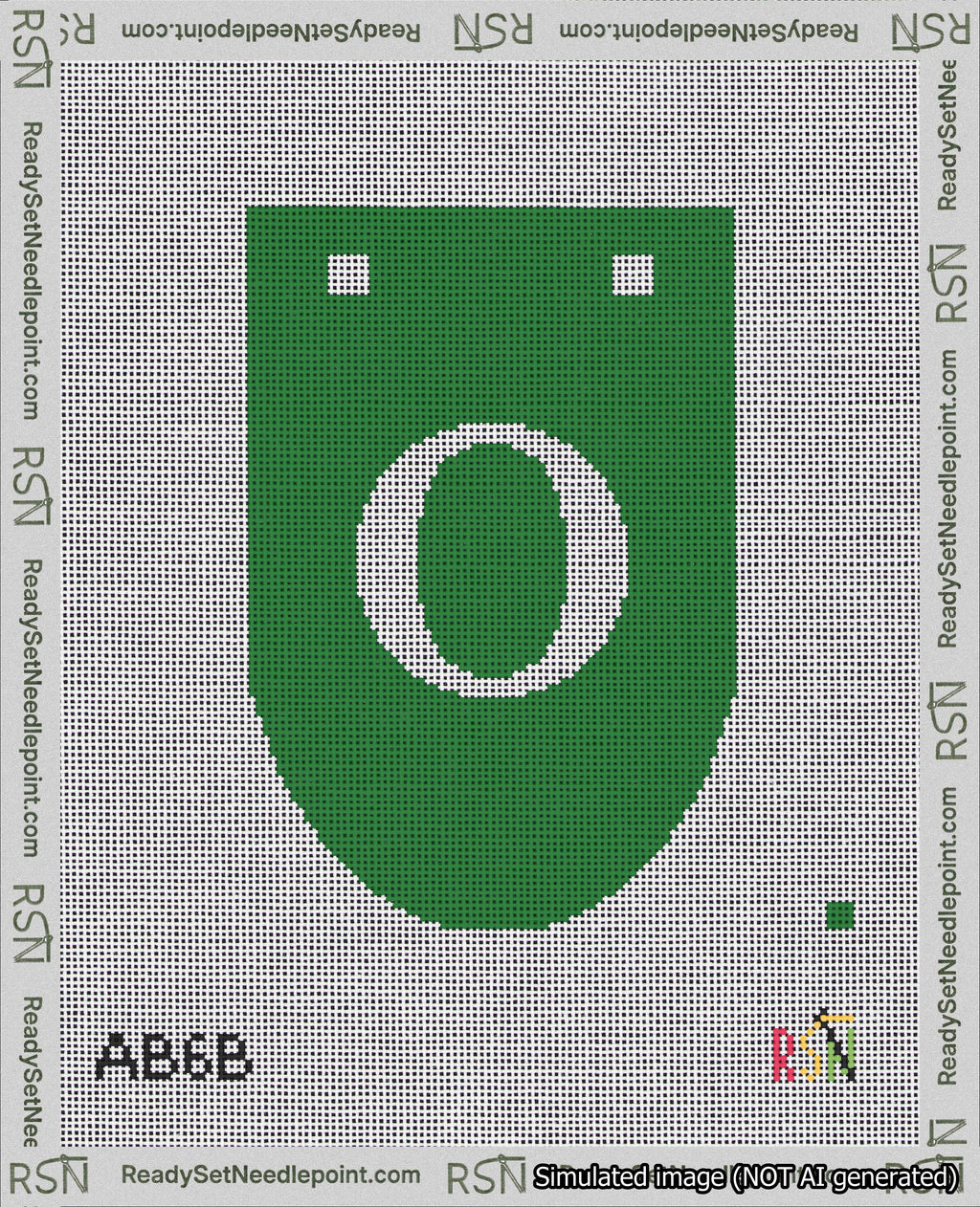 A taped needlepoint canvas with the design: Banner 18 mesh count Rounded O White on Green.