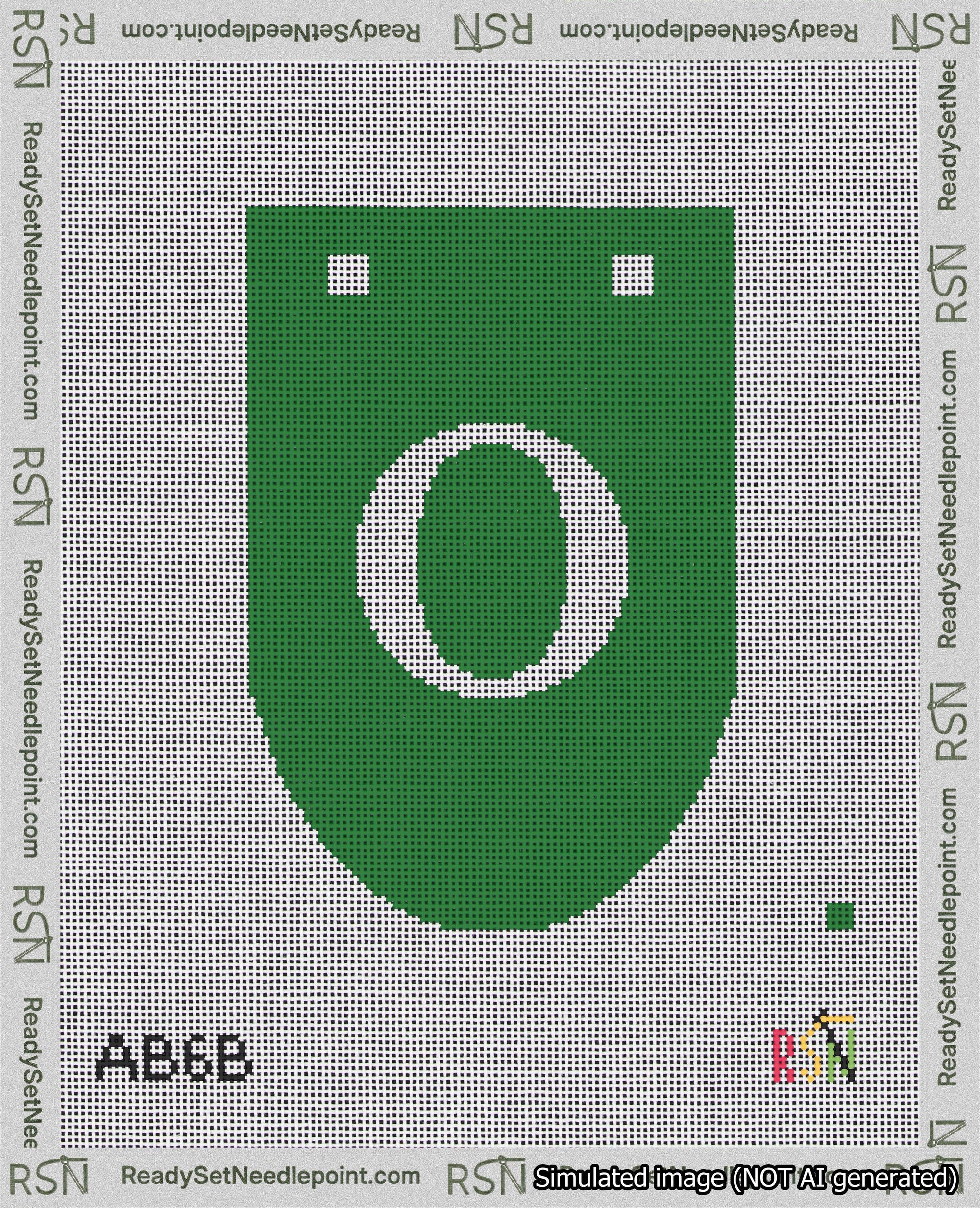 A taped needlepoint canvas with the design: Banner 18 mesh count Rounded O White on Green.