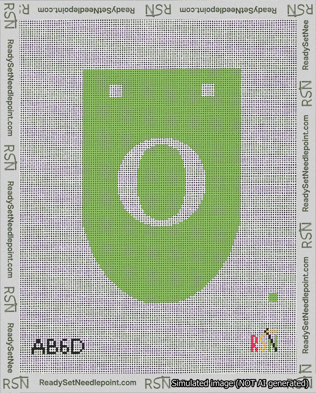 A taped needlepoint canvas with the design: Banner 18 mesh count Rounded O White on Light Green.