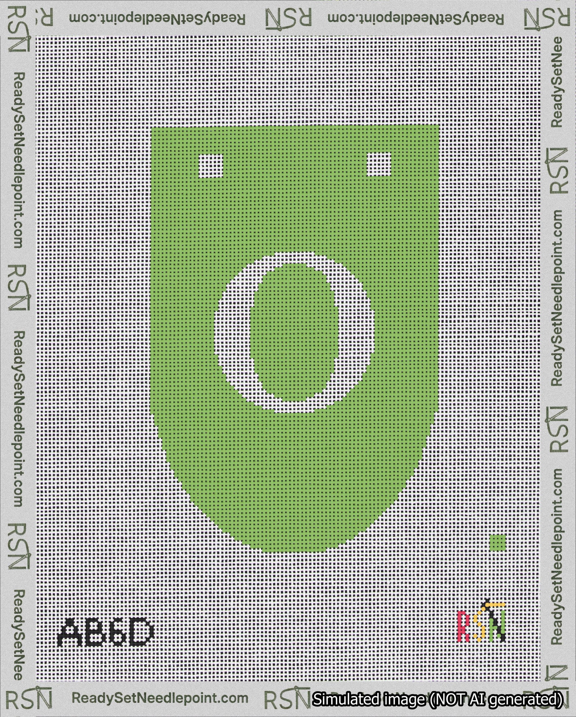 A taped needlepoint canvas with the design: Banner 18 mesh count Rounded O White on Light Green.