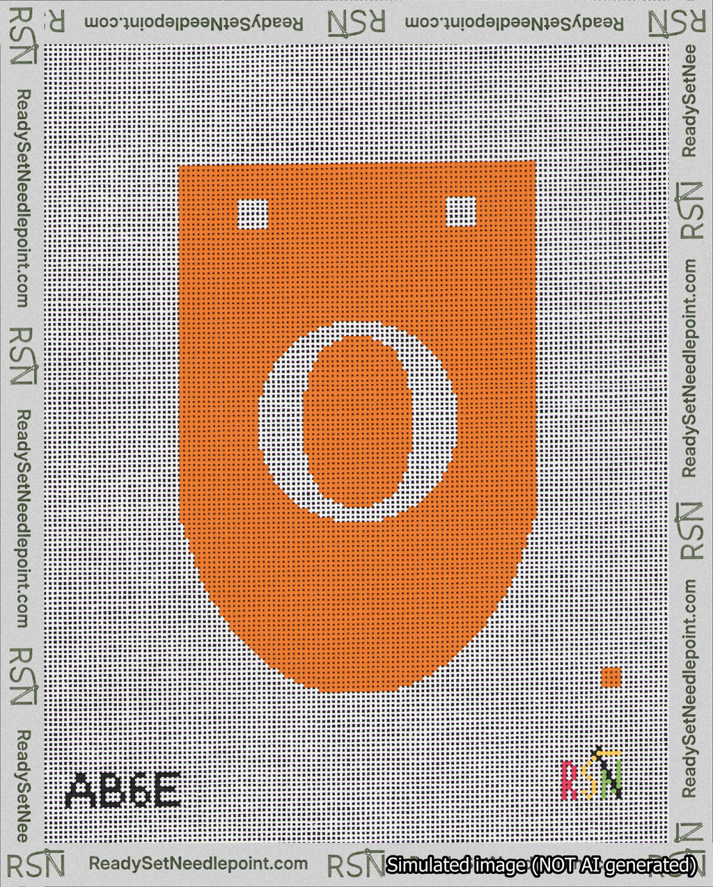A taped needlepoint canvas with the design: Banner 18 mesh count Rounded O White on Orange.