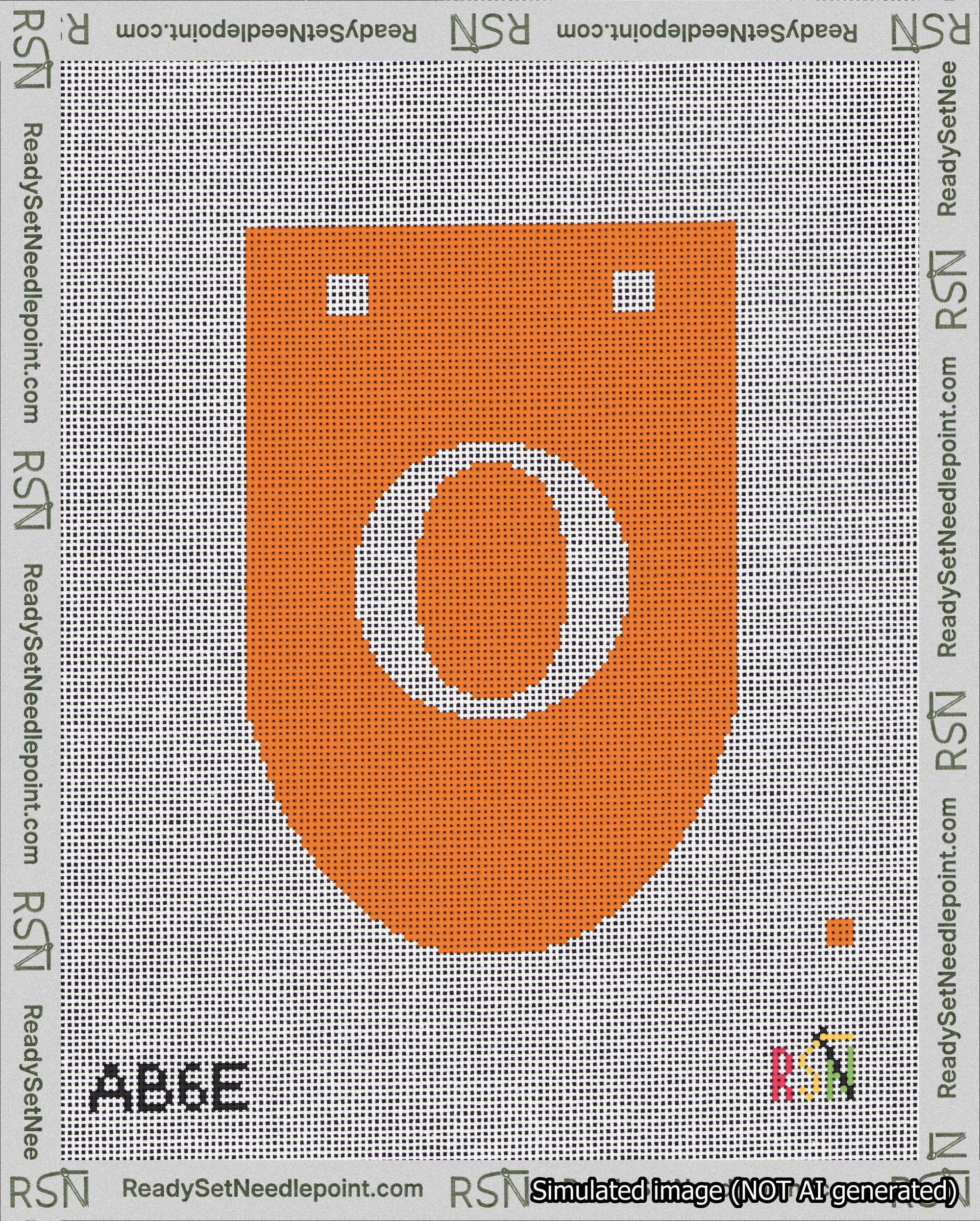 A taped needlepoint canvas with the design: Banner 18 mesh count Rounded O White on Orange.
